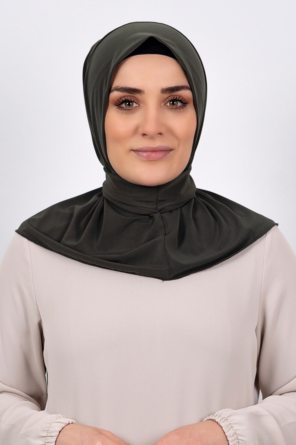 Haki Pratik Hazır Geçmeli Tesettür Eşarp Sandy Kumaş Arkadan Çıtçıtlı - Hürrem Bone 2101_09