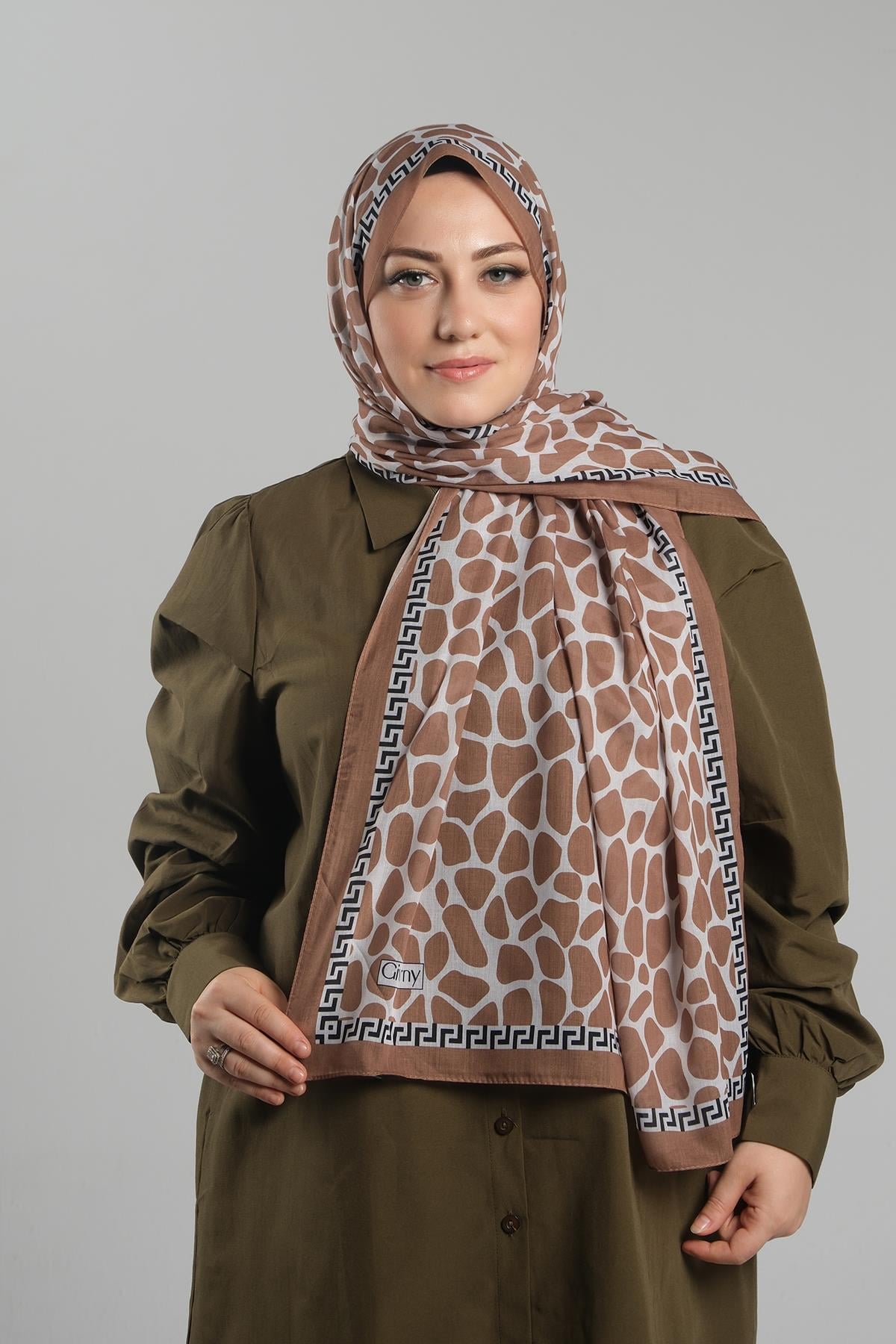 Hardal Desenli Şal Kesik Elyaf Dijital Baskılı Pamuksu Leopar - Hürrem Bone 202116_43