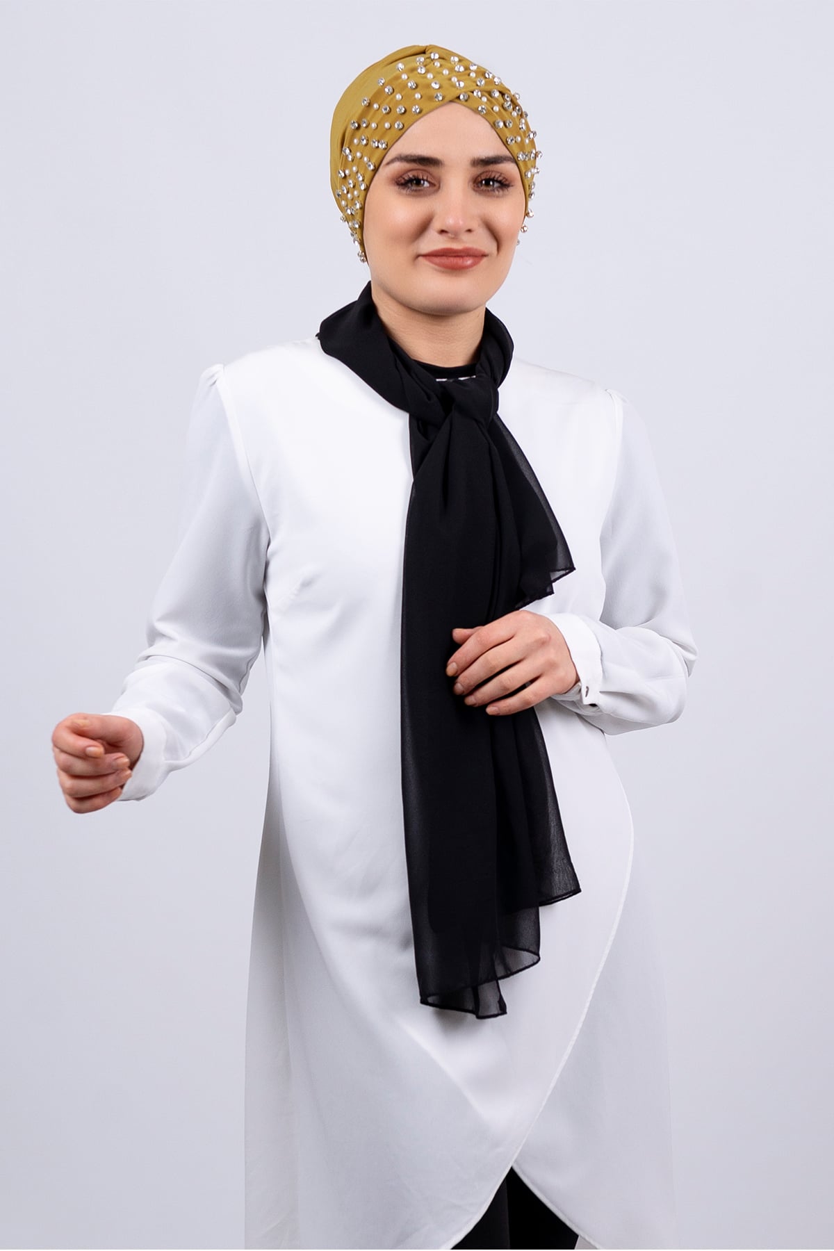 Hardal Pratik Hazır Geçmeli Tesettür Bone Sandy Kumaş Taşlı - Hürrem 1456