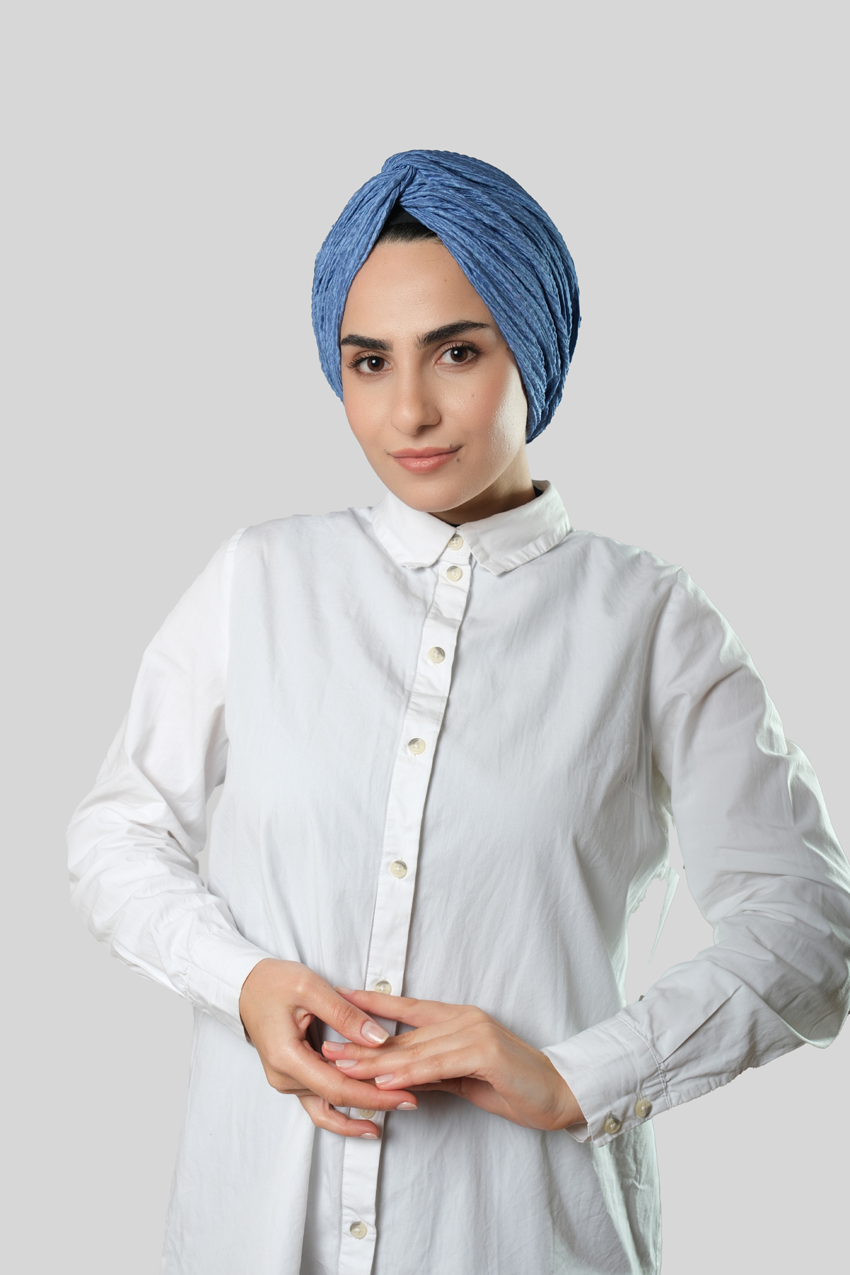 İndigo Çapraz Büzgülü Piliseli Tesettür Bone Fukuro Kendinden Desenli - Hürrem Bone 2316_34