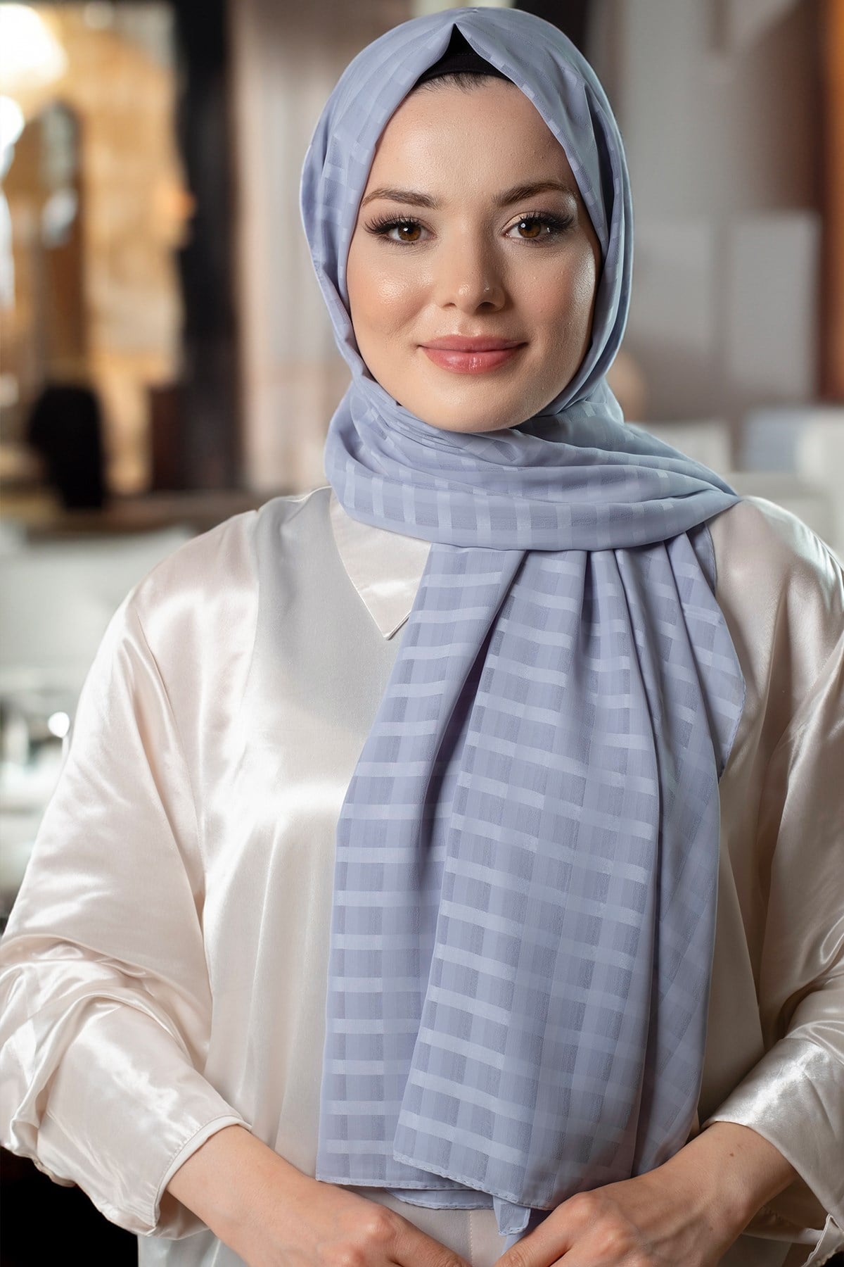İndigo  Desenli Şal Şifon Kumaş Kareli Çizgili - Hürrem Bone 202107_34