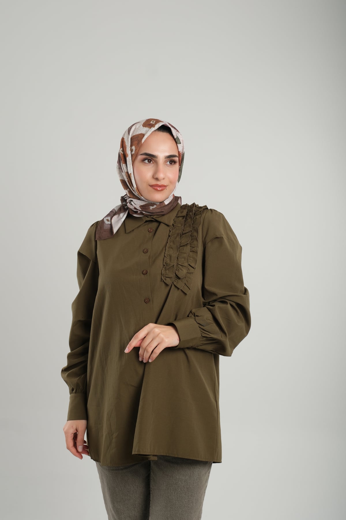 Kahve Desenli Eşarp Bambu Yaprak Dijital Baskılı - Hürrem Bone 202204_14