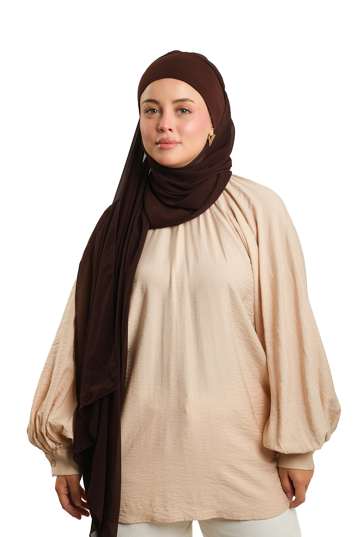 Kahve Pratik Hazır Geçmeli Bone Şal Şifon Düz - Hürrem Bone 2506_14