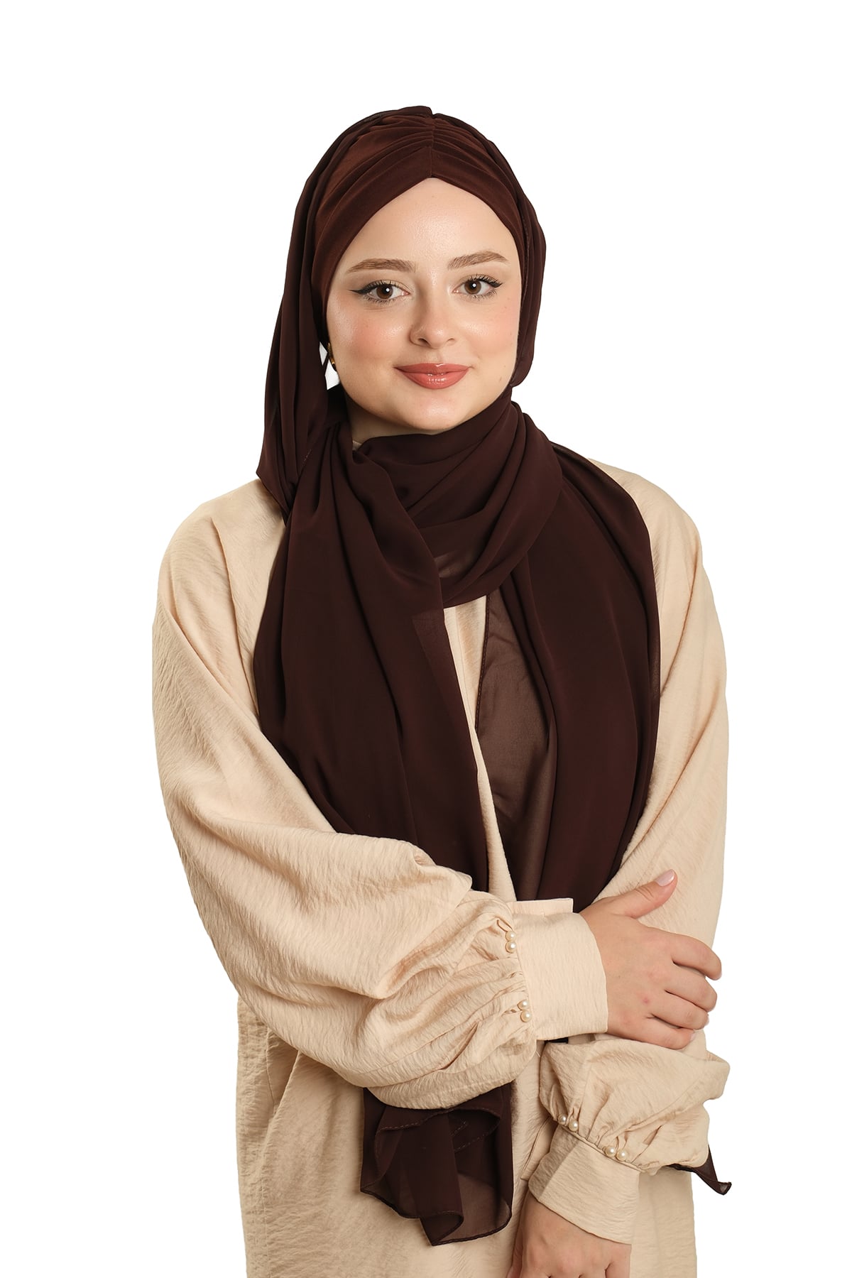 Kahve Pratik Hazır Geçmeli Bone Şal Şifon Drapeli - Hürrem Bone 2507_14