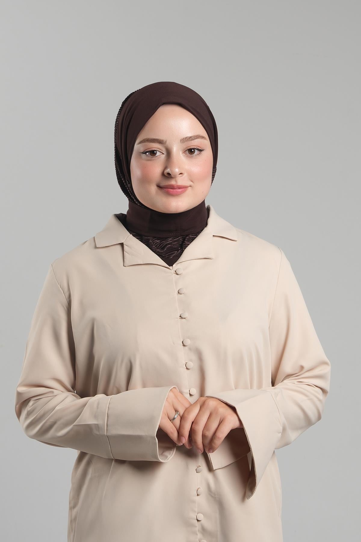 Kahve Pratik Hazır Geçmeli Tesettür Eşarp Sandy Arkadan Çıtçıtlı Piliseli Hijab - Hürrem Bone 2406_14