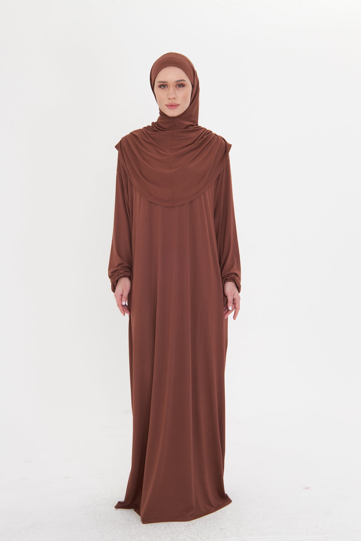 Kahve Tek Parça Namaz Elbisesi Viskon Düz - Hürrem Bone 2503_14