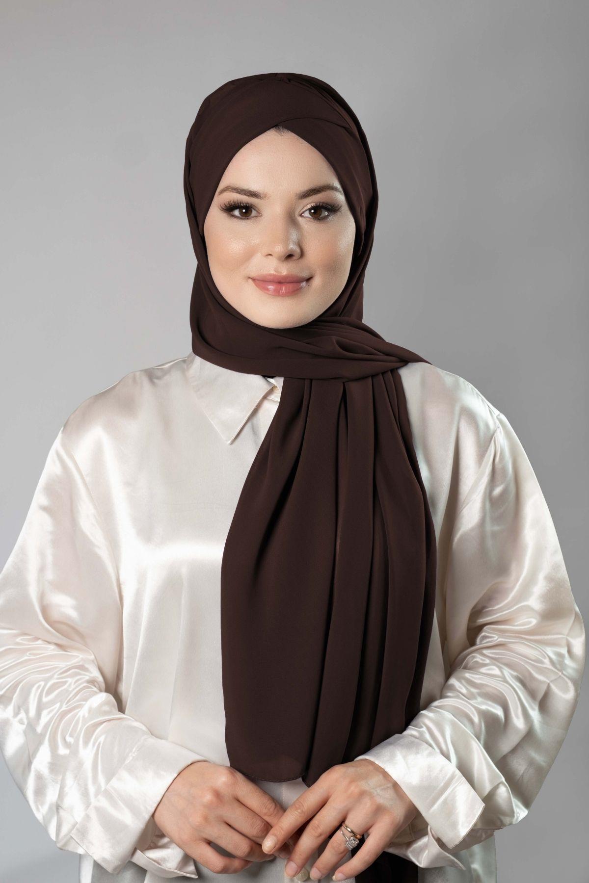 Kahverengi Pratik Hazır Geçmeli Bone Şal Şifon Kendinden Boneli Tek Bantlı - Hürrem Bone 1453_14