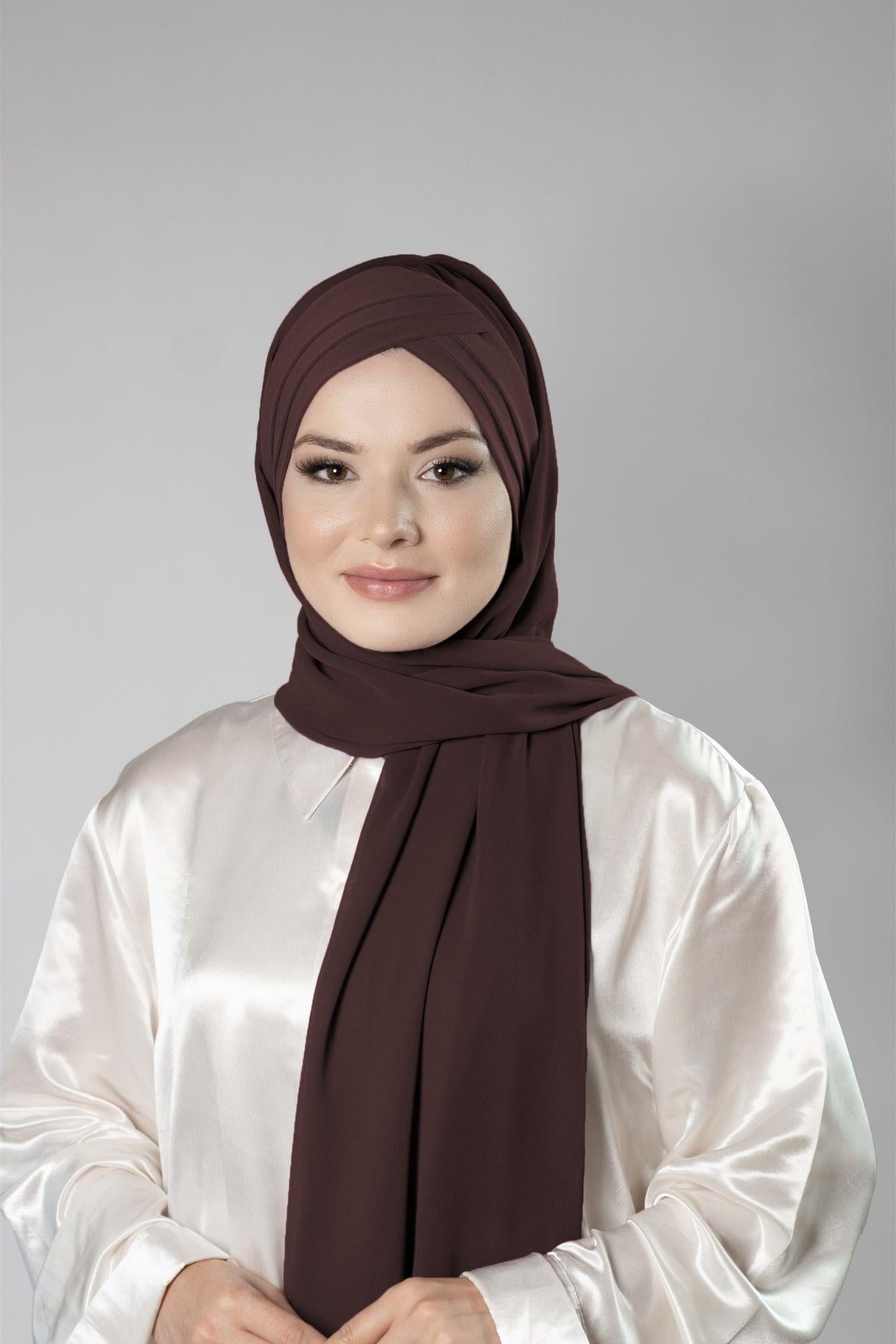 Kahverengi Pratik Hazır Geçmeli Bone Şal Şifon Kendinden Boneli Üç Bantlı - Hürrem Bone 1451_14