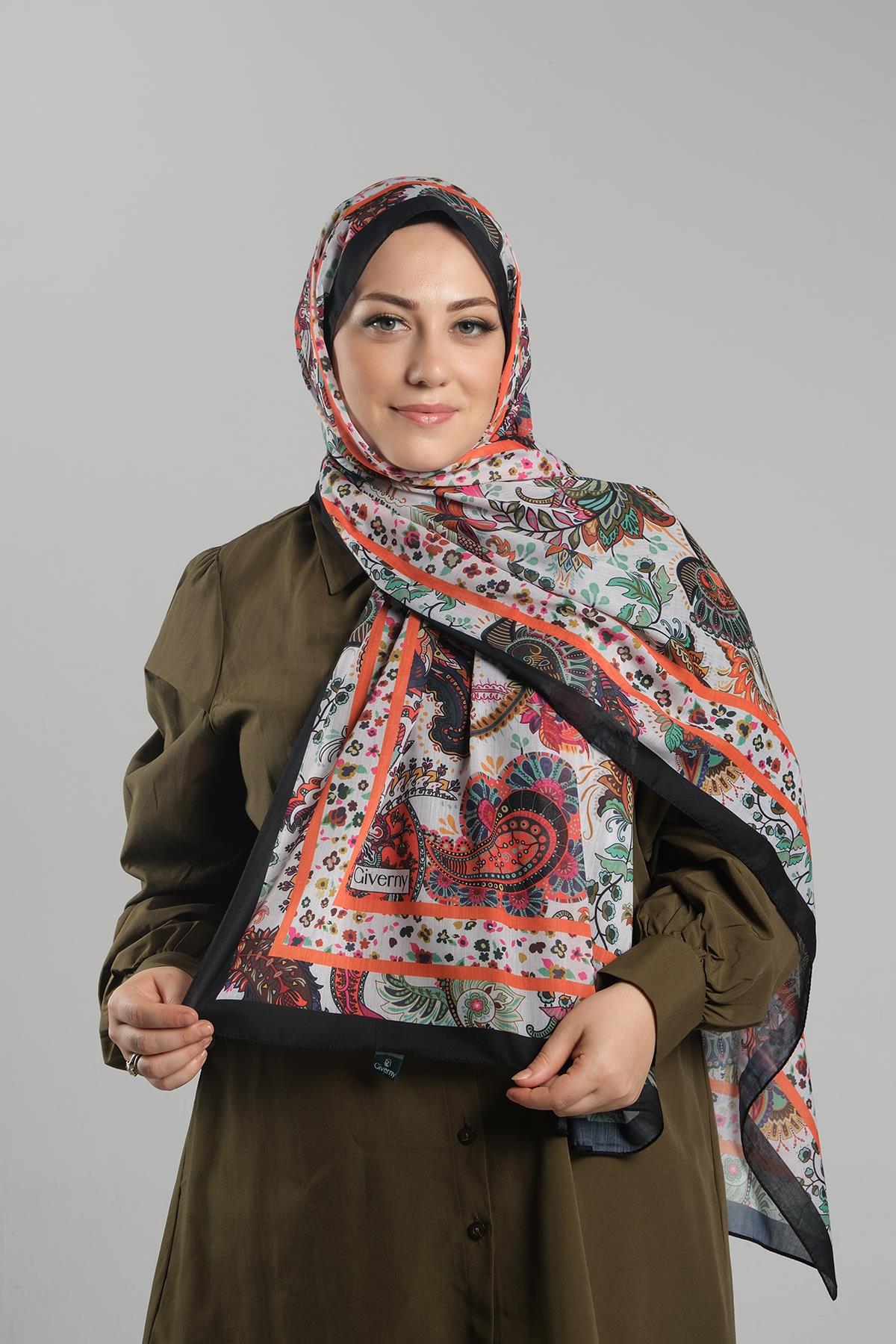 Kiremit Desenli Şal Kesik Elyaf Dijital Baskılı Pamuksu Etnik - Hürrem Bone 202114_05