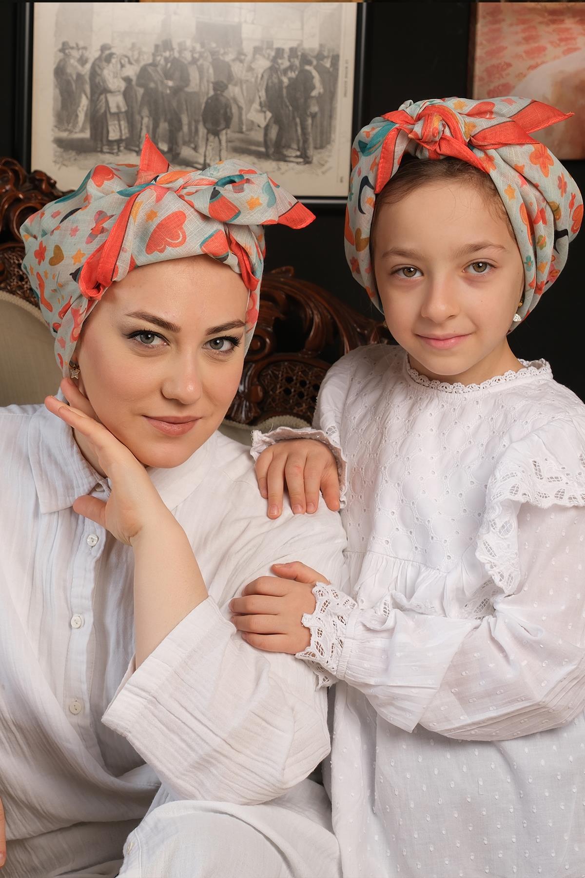 Kiremit Dijital Baskılı Anne Kız Kombin Tesettür Eşarp Pamuk Polyester Yıldız Desenli - Hürrem Bone 6004_05