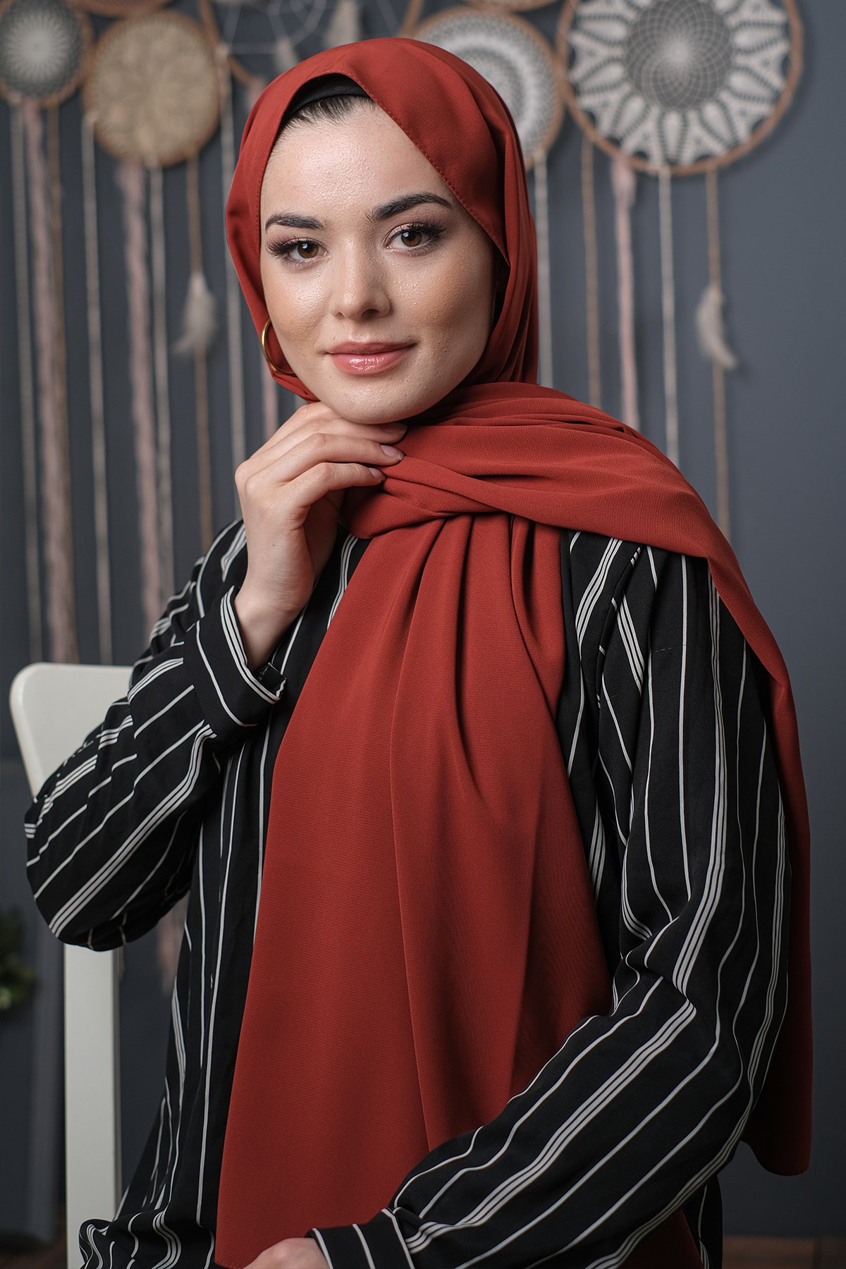 Kiremit Düz Klasik Şal Medine İpeği Sade - Hürrem Bone 202103_05