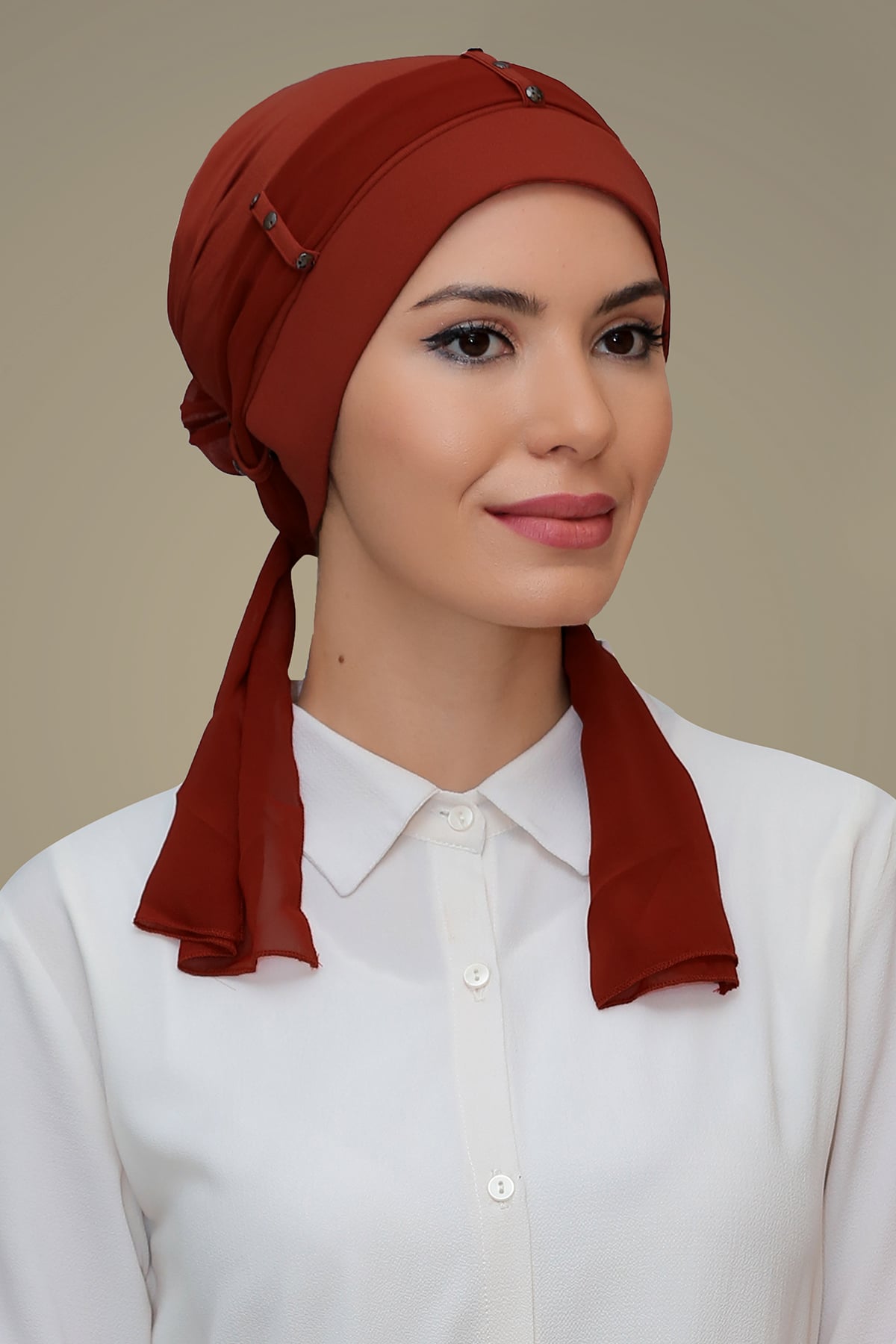 Kiremit Pratik Hazır Geçmeli Tesettür Bone Sandy Kumaş Kemerli Taşlı - Hürrem 1205
