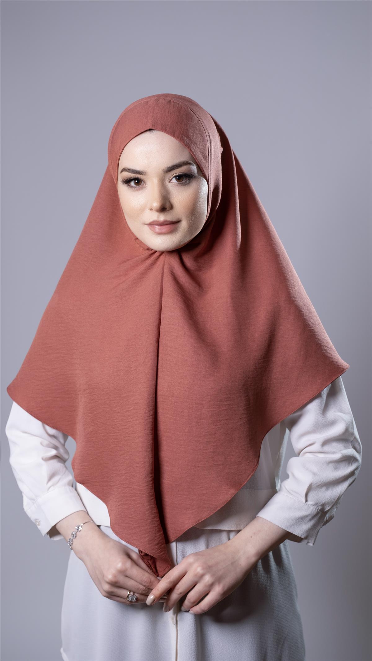 Kiremit Pratik Hazır Geçmeli Tesettür Eşarp Pamuk Caz Kumaş Düz Hijab - Hürrem Bone 2306_05