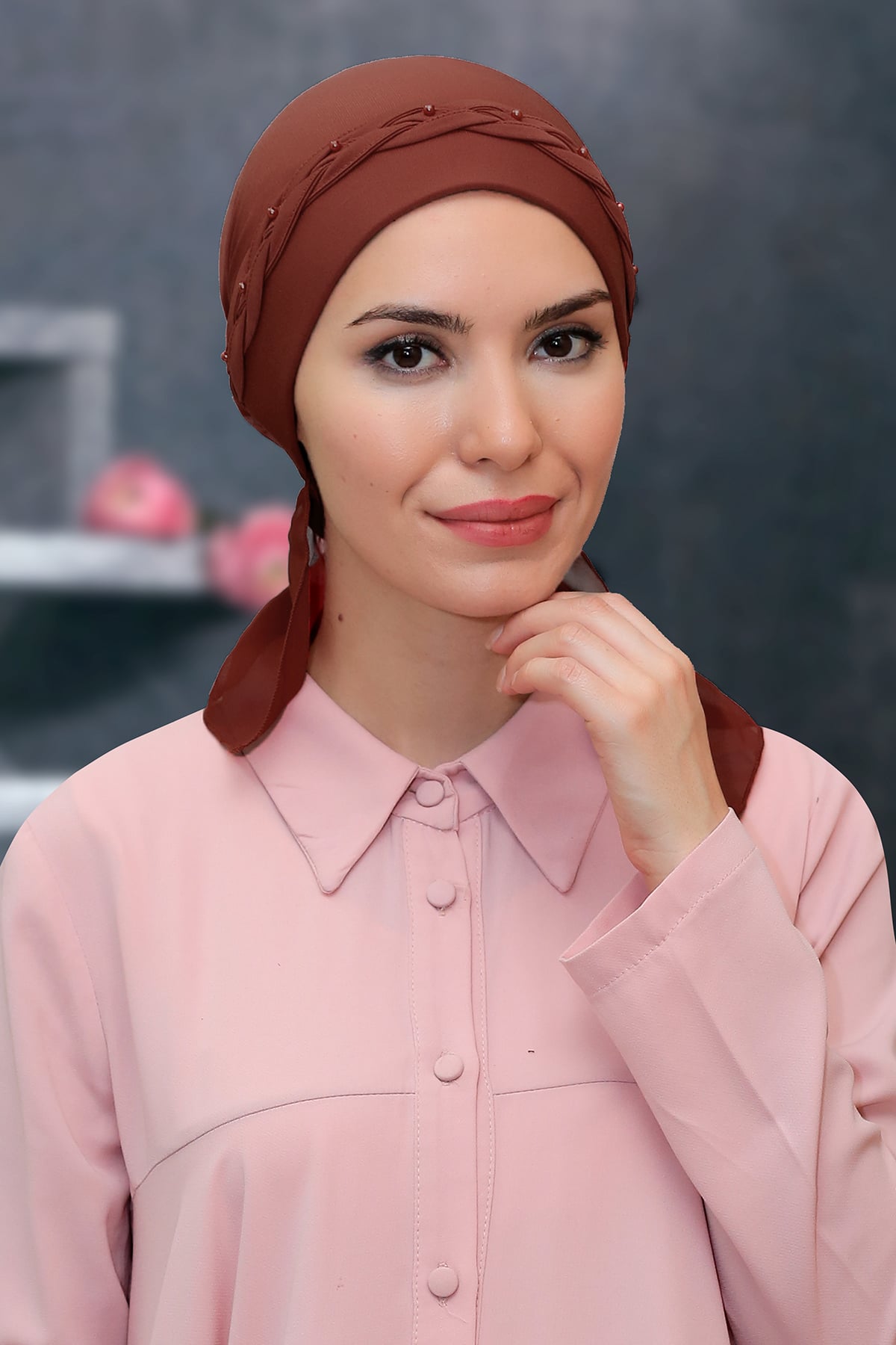 Kiremit Pratik Hazır Geçmeli Tesettür Bone Sandy Kumaş Örgülü Güllü - Hürrem 1203