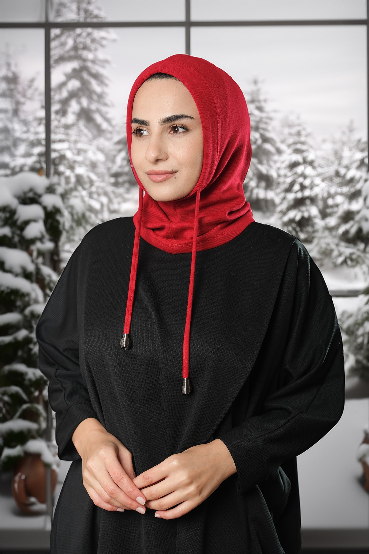Kırmızı Bağcıklı Balaklava Boyunluklu Bere Triko Düz - Hürrem Bone 2325_31