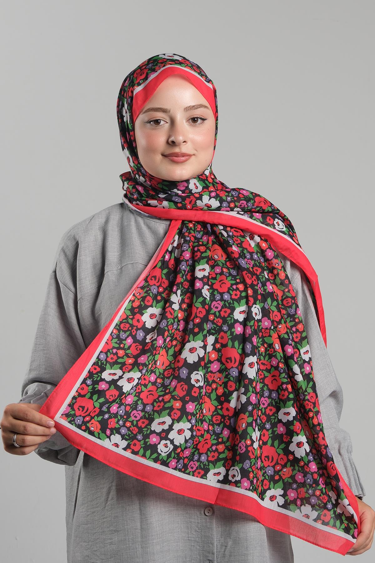 Kırmızı Desenli Şal Kesik Elyaf Dijital Baskılı Pamuksu Çiçek - Hürrem Bone 202113_31
