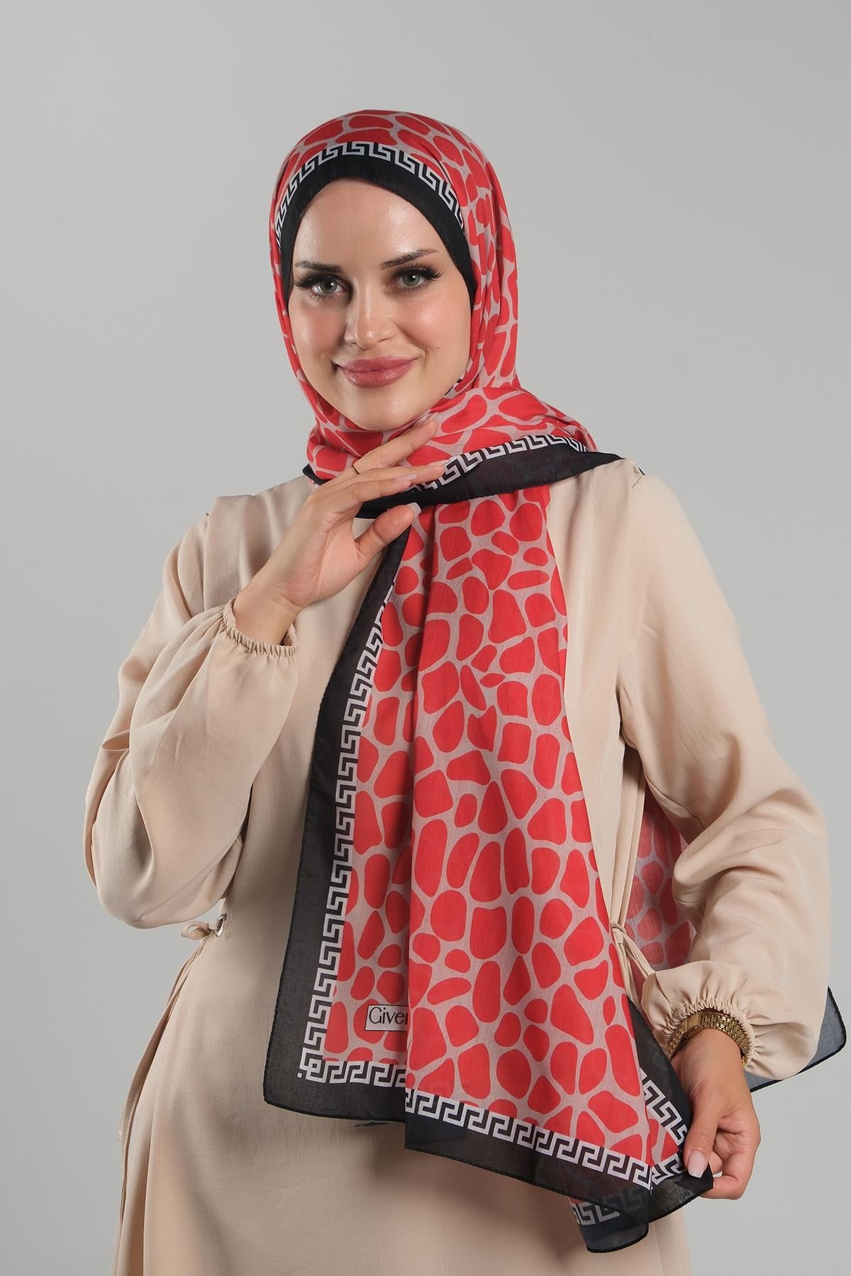 Kırmızı Desenli Şal Kesik Elyaf Dijital Baskılı Pamuksu Leopar - Hürrem Bone 202116_31
