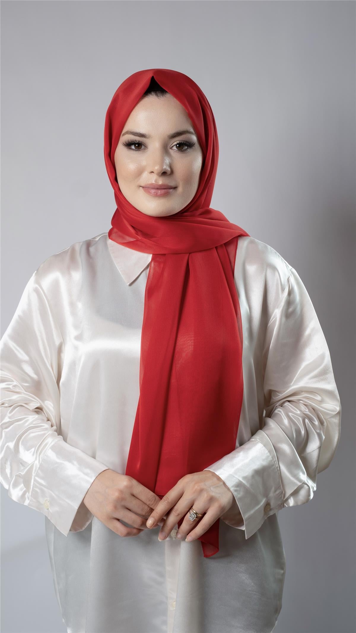 Kırmızı Düz Klasik Şal Şifon Kumaş Janjan Abiye - Hürrem Bone 202108_31