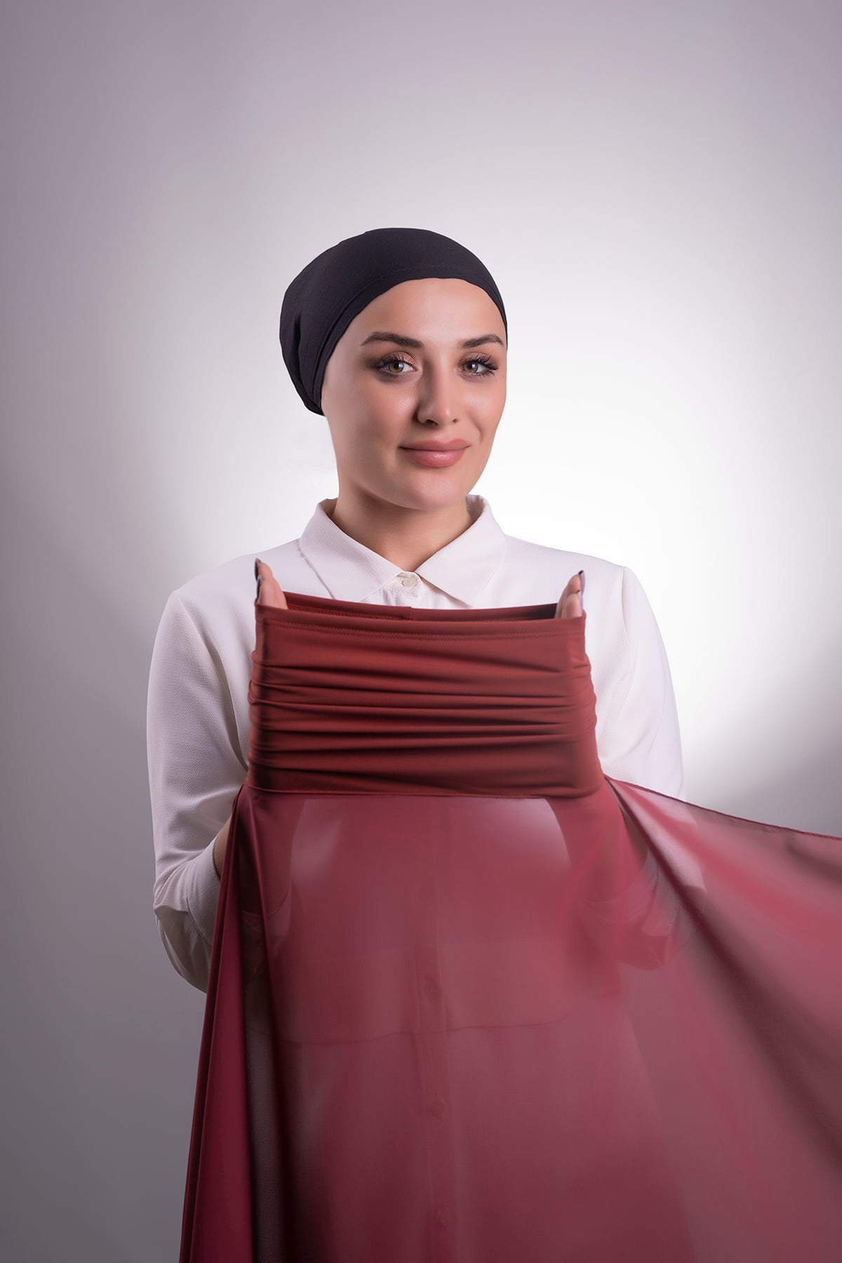 Kırmızı Pratik Hazır Geçmeli Şal Şifon Boru Boneli - Halven 3001