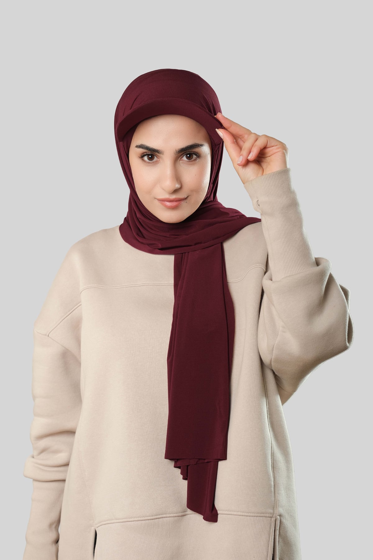 Kırmızı Pratik Hazır Geçmeli Şapkalı Tesettür Şal Sandy Düz - Hürrem Bone 3008_31