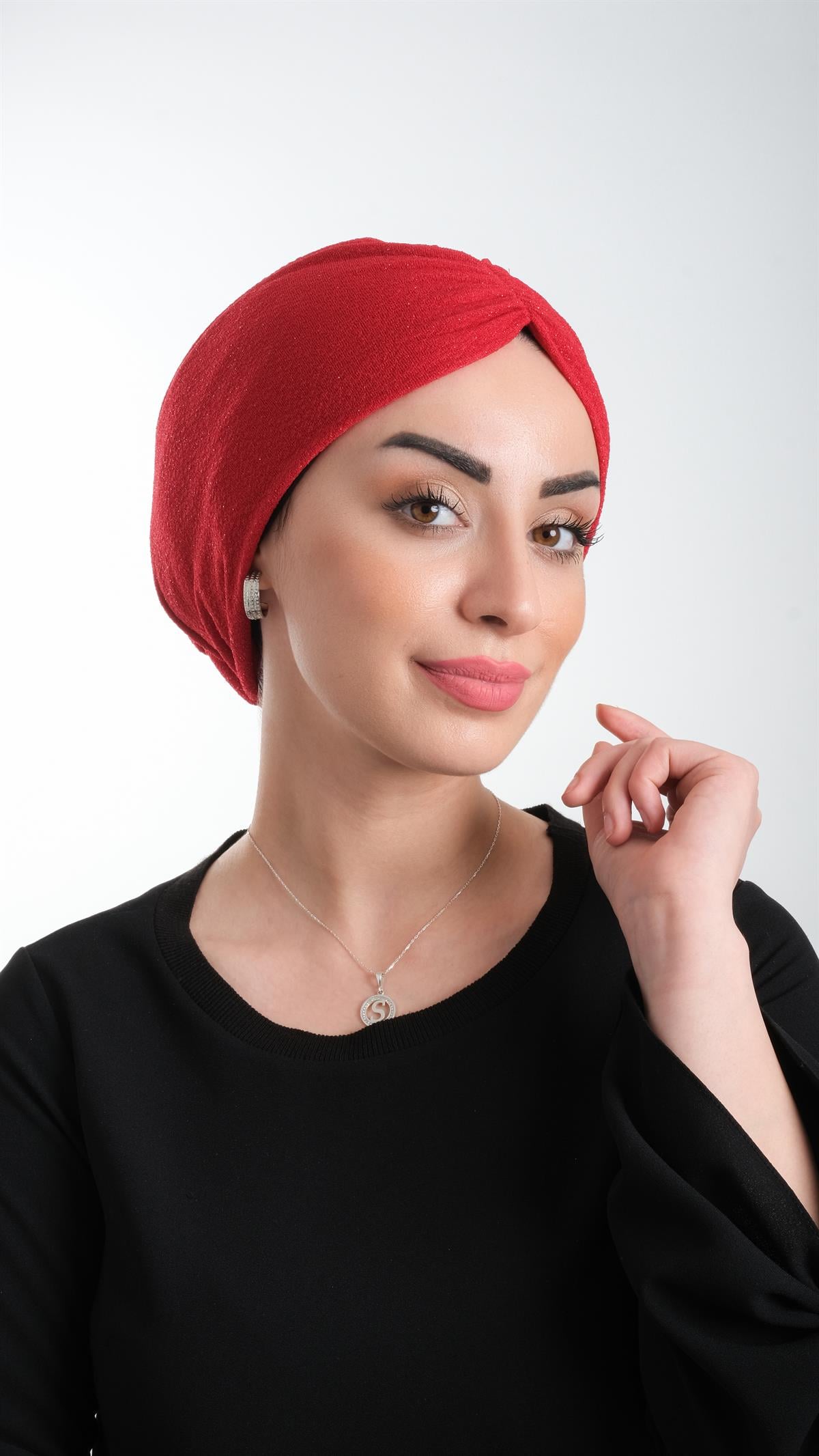 Kırmızı Pratik Hazır Geçmeli Tesettür Bone Fukuro Simli Büzgülü - Hürrem Bone 2116_31