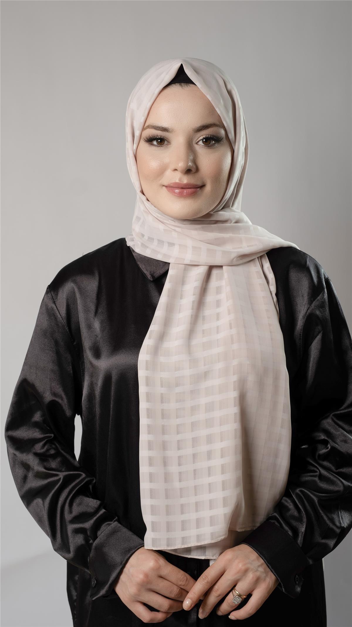 Koyu Bej Desenli Şal Şifon Kumaş Kareli Çizgili - Hürrem Bone 202107_44
