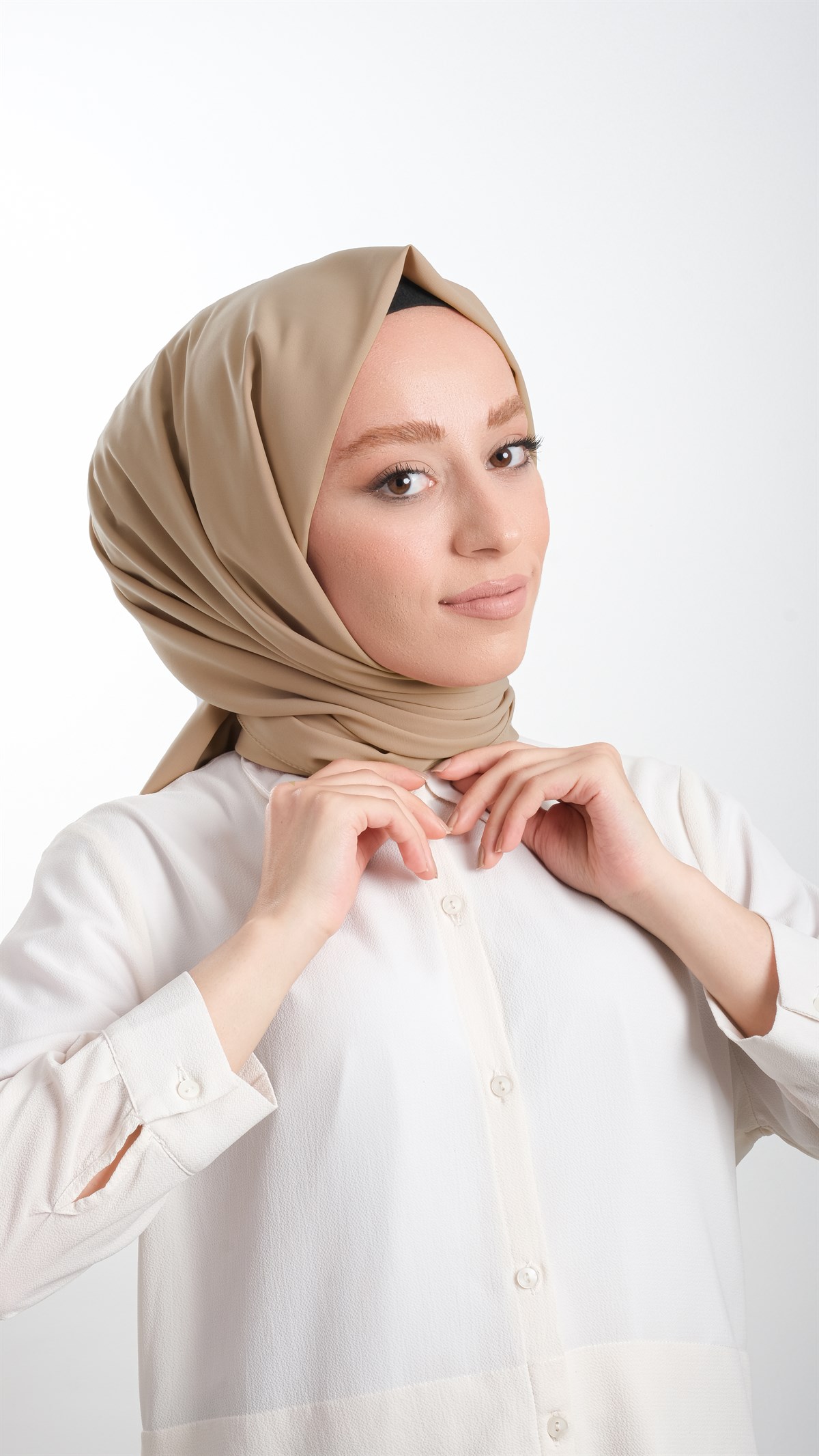 Koyu Bej Düz Klasik Şal Medine İpeği Sade - Hürrem Bone 202103_44