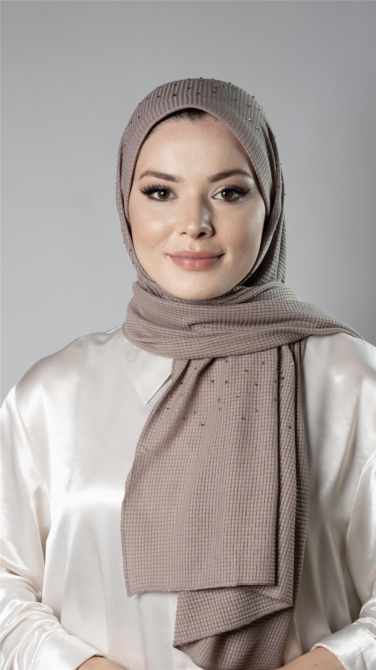 Koyu Vizon Pratik Hazır Geçmeli Tesettür Şal Örme Kumaş Taş Desenli - Hürrem Bone 2118T_38