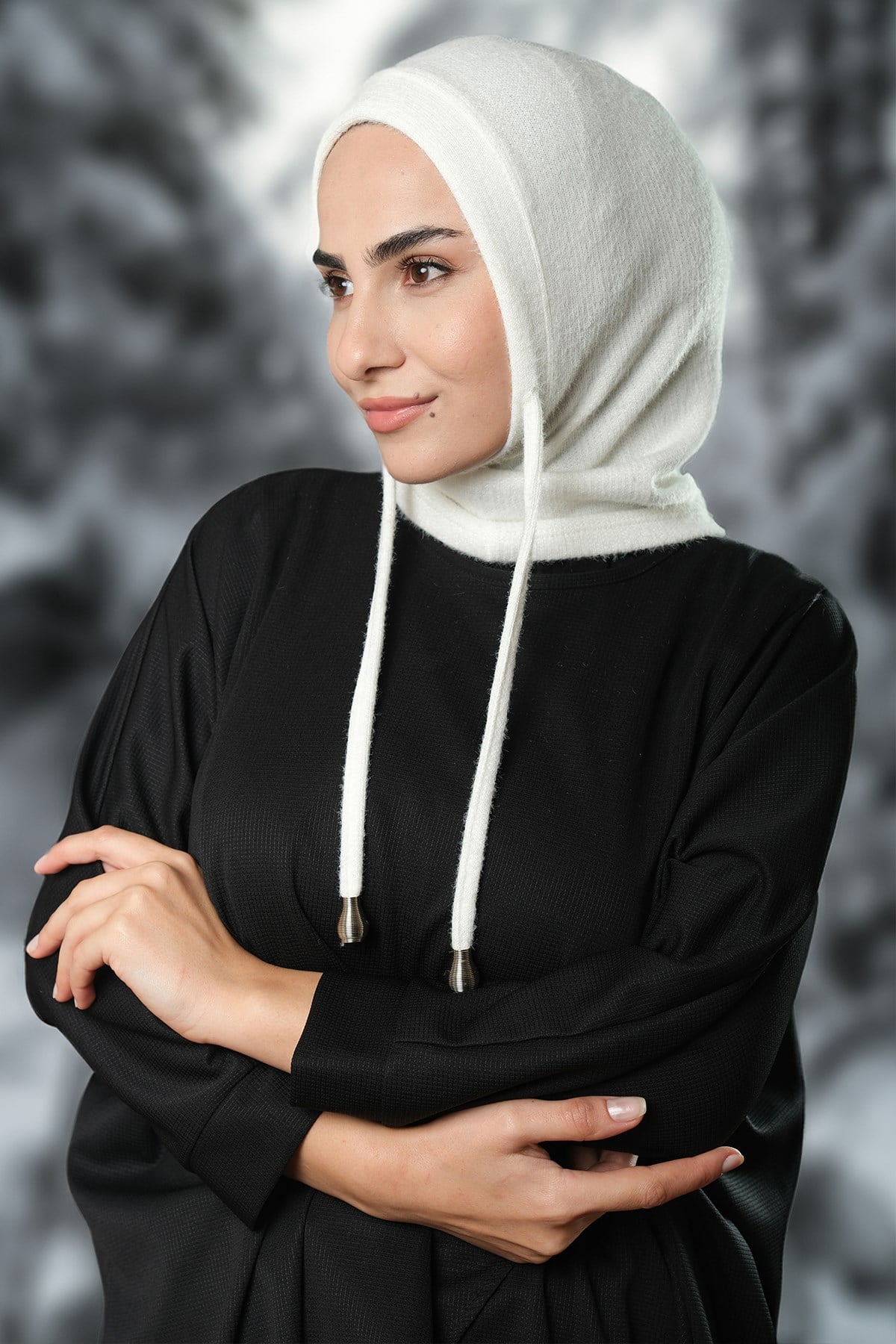 Krem Bağcıklı Peluş Balaklava Boyunluklu Bere Jakar Düz - Hürrem Bone 2327_40