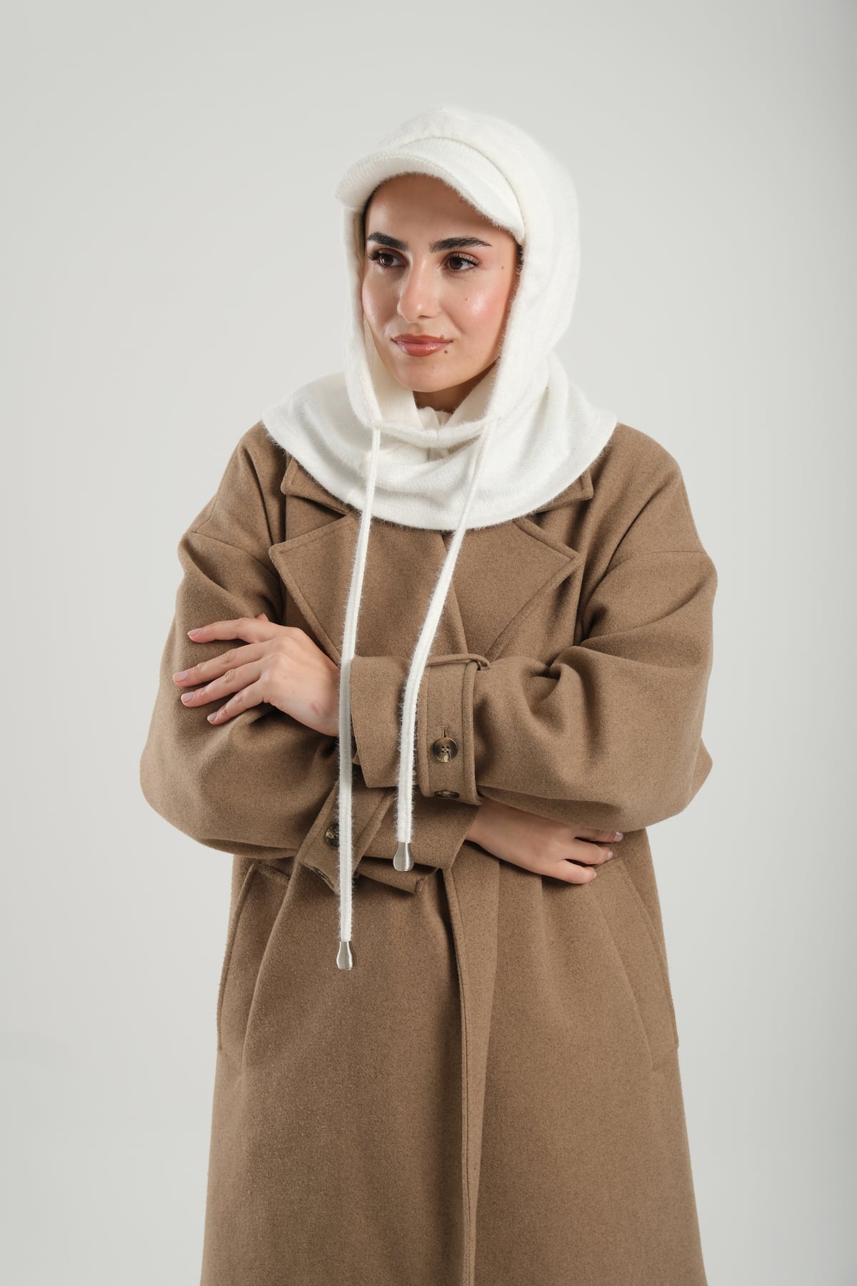 Krem Bağcıklı Peluş Salaş Şapkalı Balaklava Boyunluklu Bere Jakar Düz - Hürrem Bone 2332_40