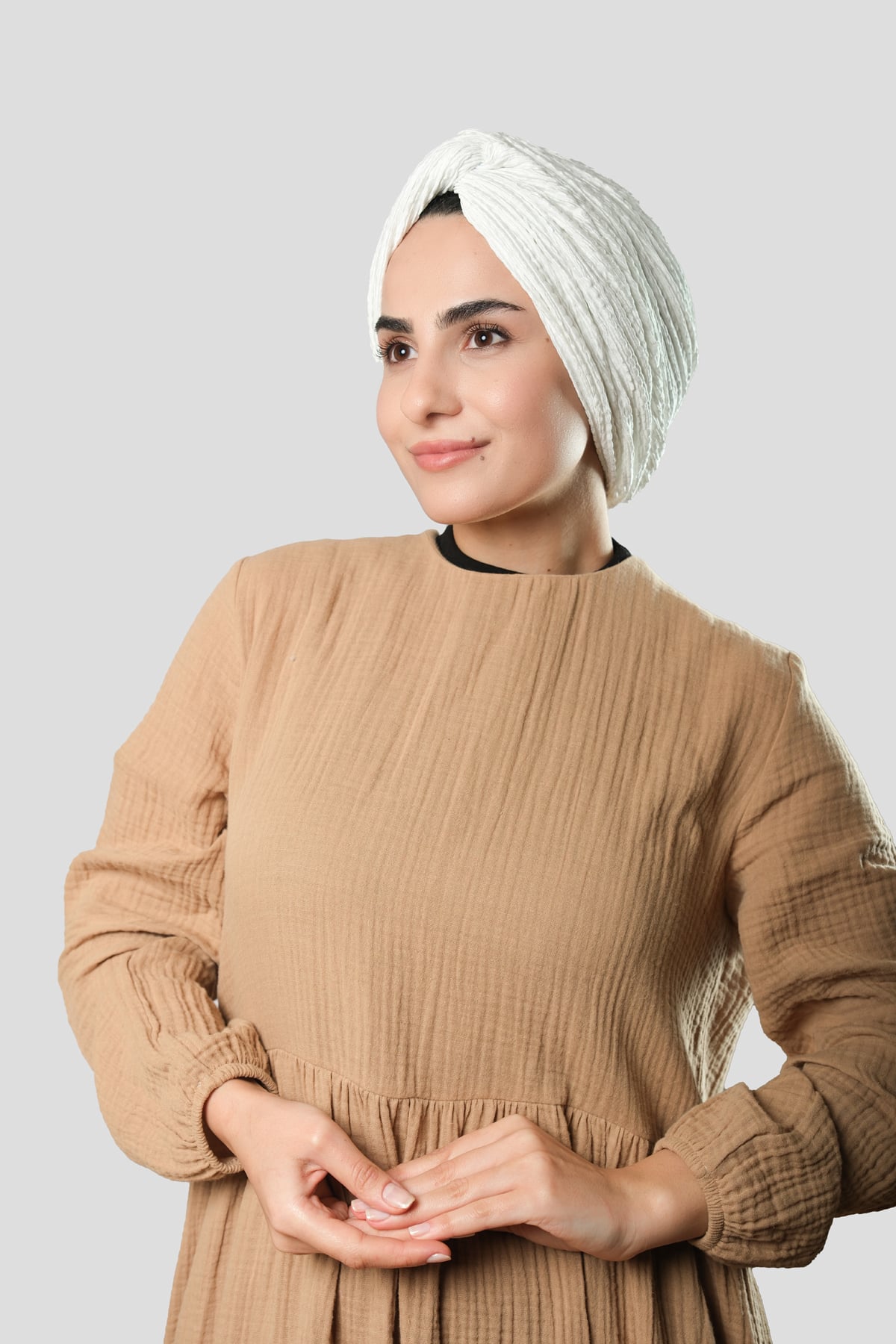 Krem Çapraz Büzgülü Piliseli Tesettür Bone Fukuro Kendinden Desenli - Hürrem Bone 2316_40