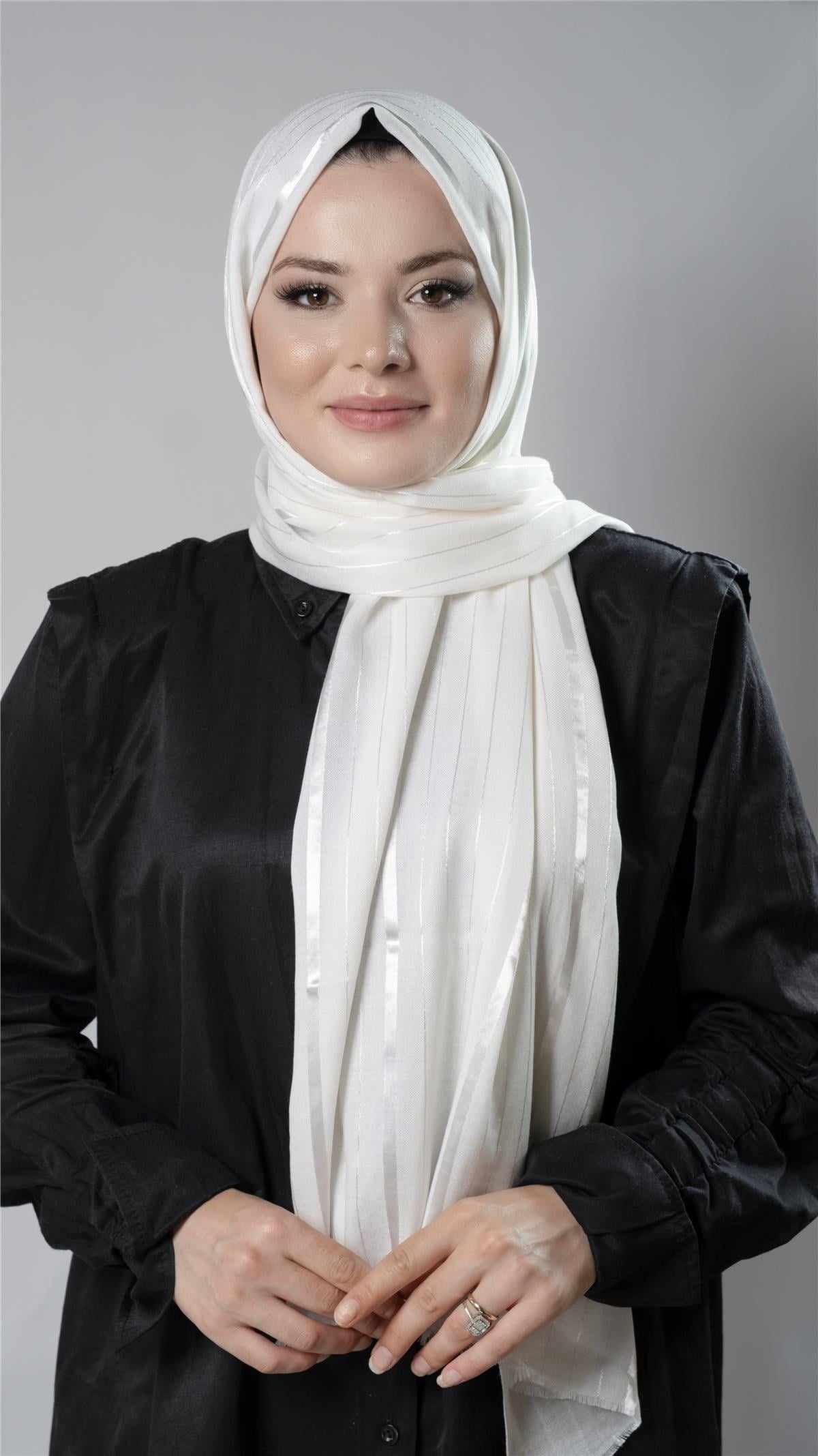 Krem Çizgili Şal Viskon Kumaş Bursa Dolama - Hürrem Bone 202110_40