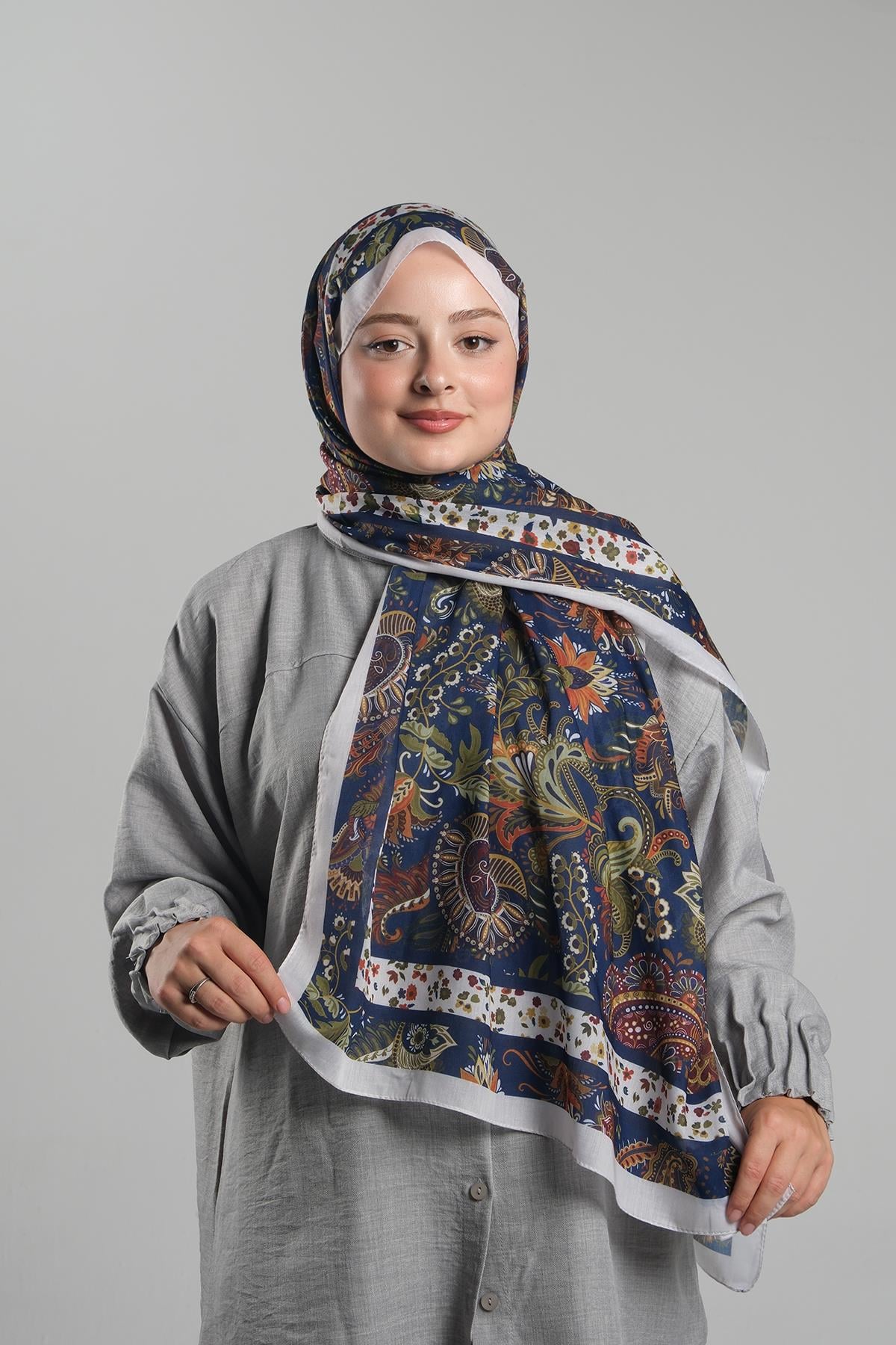 Krem Desenli Şal Kesik Elyaf Dijital Baskılı Pamuksu Etnik - Hürrem Bone 202114_40