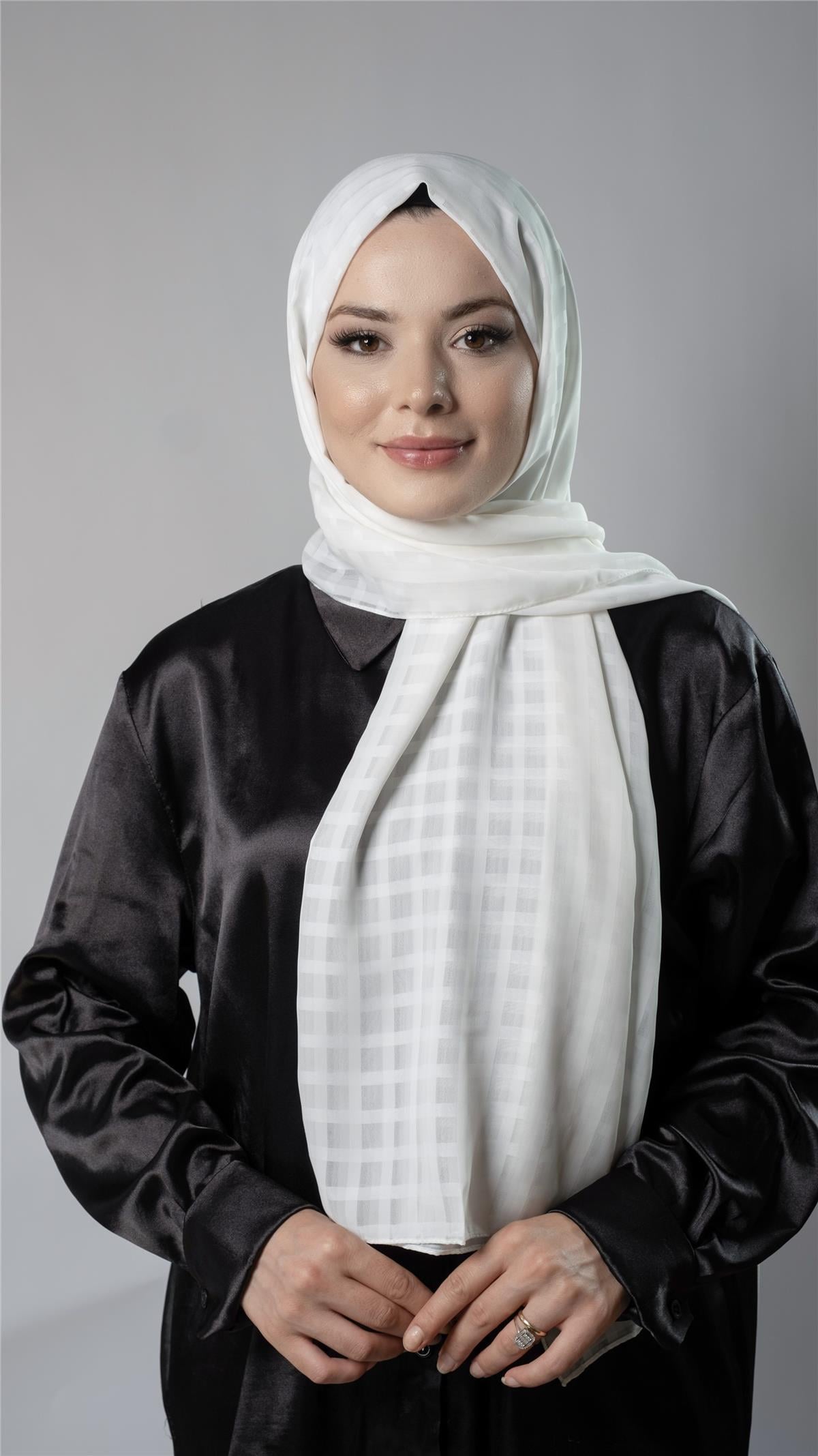 Krem Desenli Şal Şifon Kumaş Kareli Çizgili - Hürrem Bone 202107_40