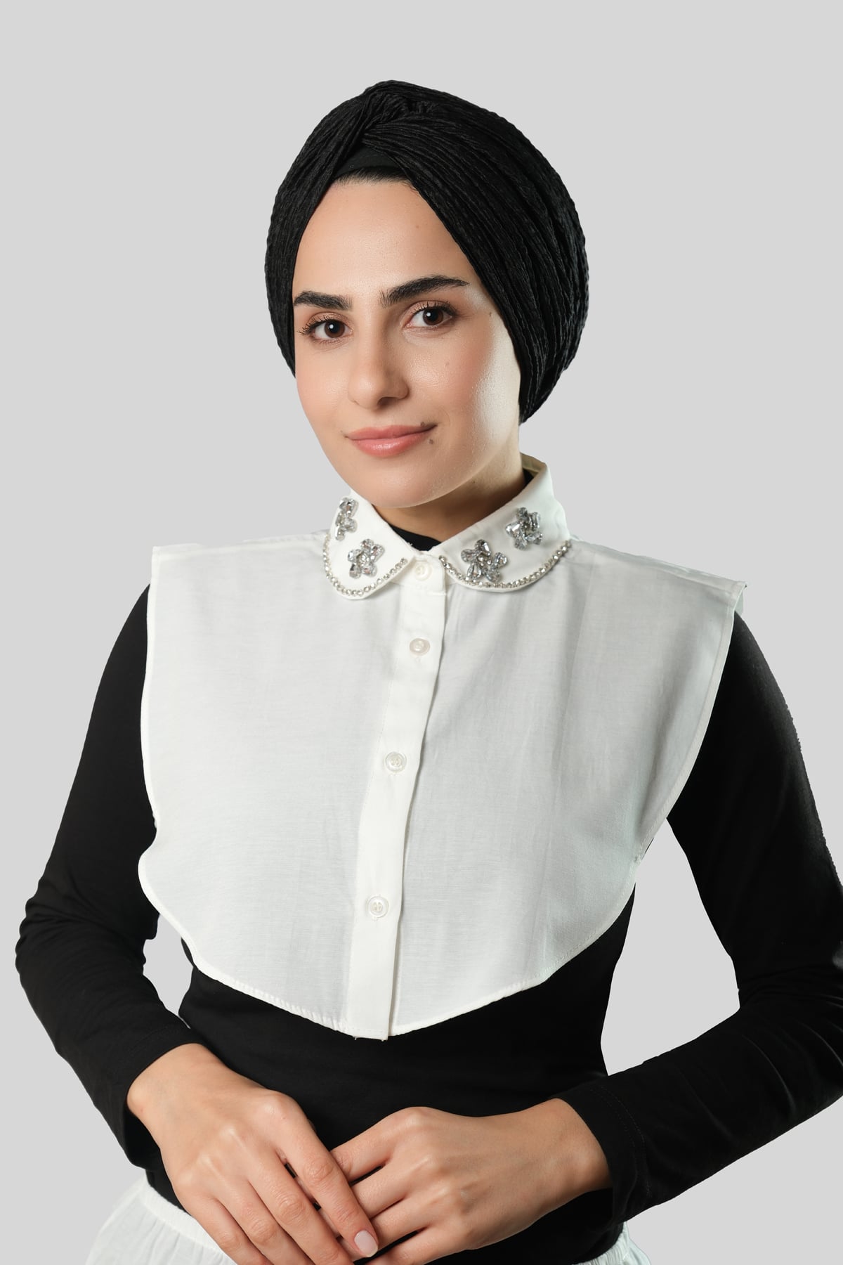 Krem Gömlek Yakalı Boyunluk Terikoton Taşlı Papatya Desenli - Hürrem Bone 1019_40