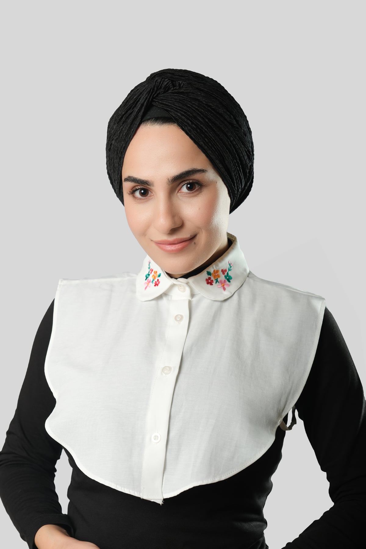 Krem Gömlek Yakalı Boyunluk Terikoton Nakışlı Çiçek Desenli - Hürrem Bone 1023_40
