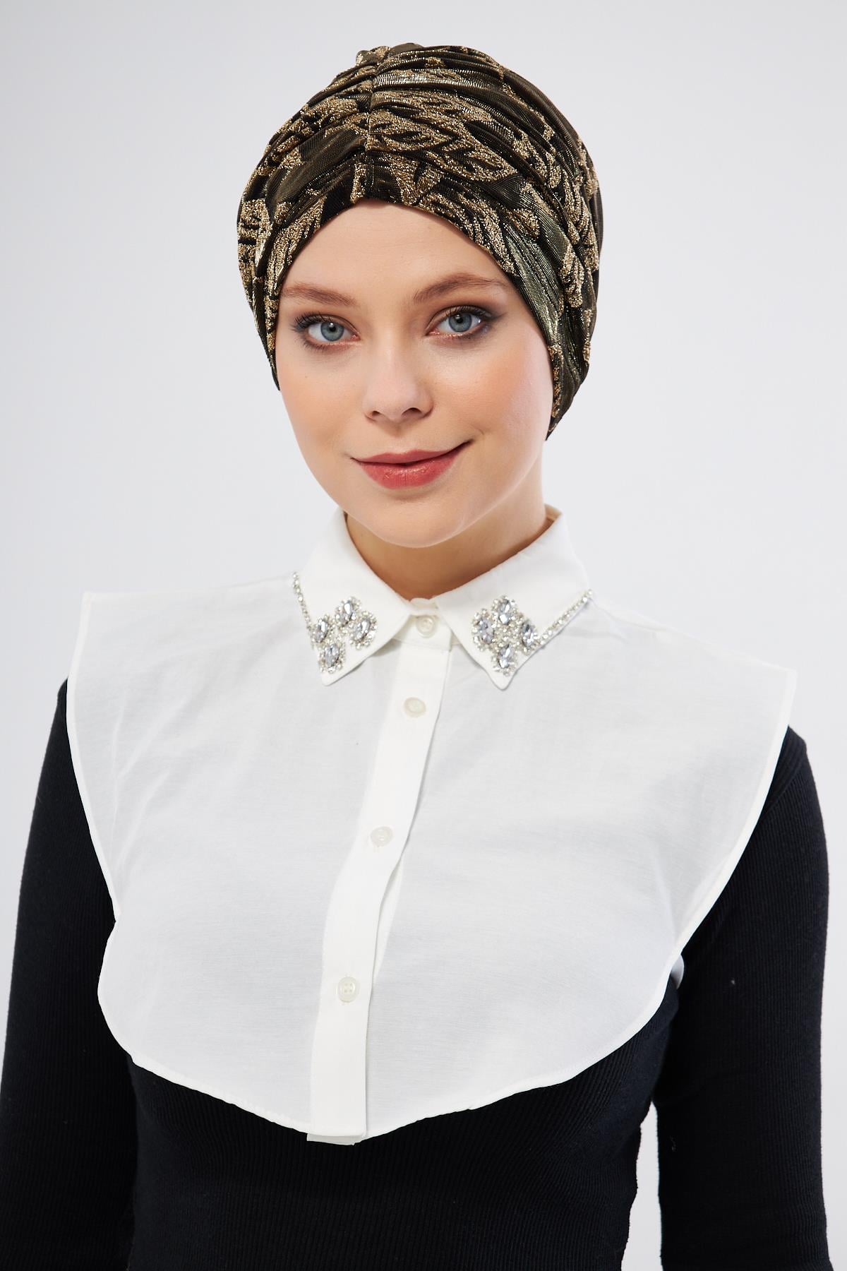 Krem Gömlek Yakalı Boyunluk Terikoton Taşlı Damla Desenli - Hürrem Bone 1018_40