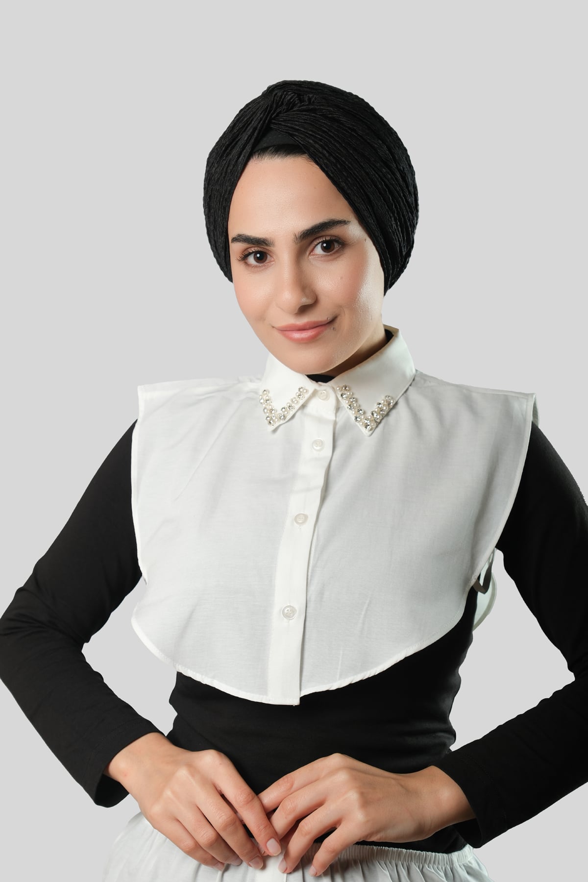 Krem Gömlek Yakalı Boyunluk Terikoton Taşlı İncili - Hürrem Bone 1022_40