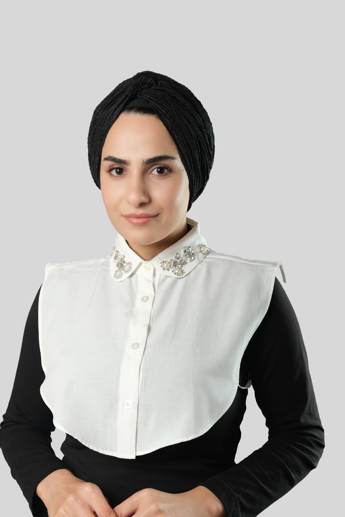 Krem Gömlek Yakalı Boyunluk Terikoton Taşlı Çiçek Desenli - Hürrem Bone 1016_40