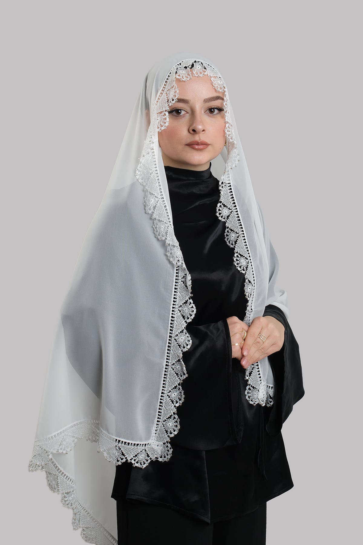 Krem Nikah Namaz Başörtüsü Şal Şifon Boncuklu Güpürlü - Hürrem Bone 202131_40