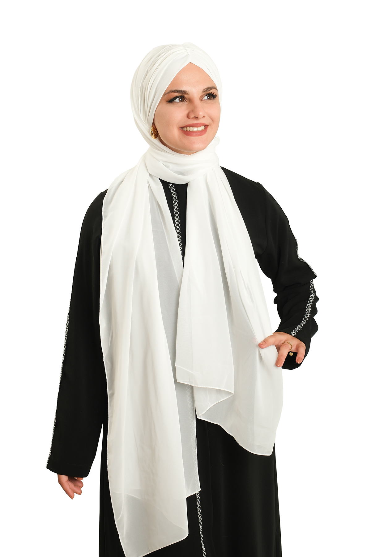 Krem Pratik Hazır Geçmeli Bone Şal Şifon Drapeli - Hürrem Bone 2507_40