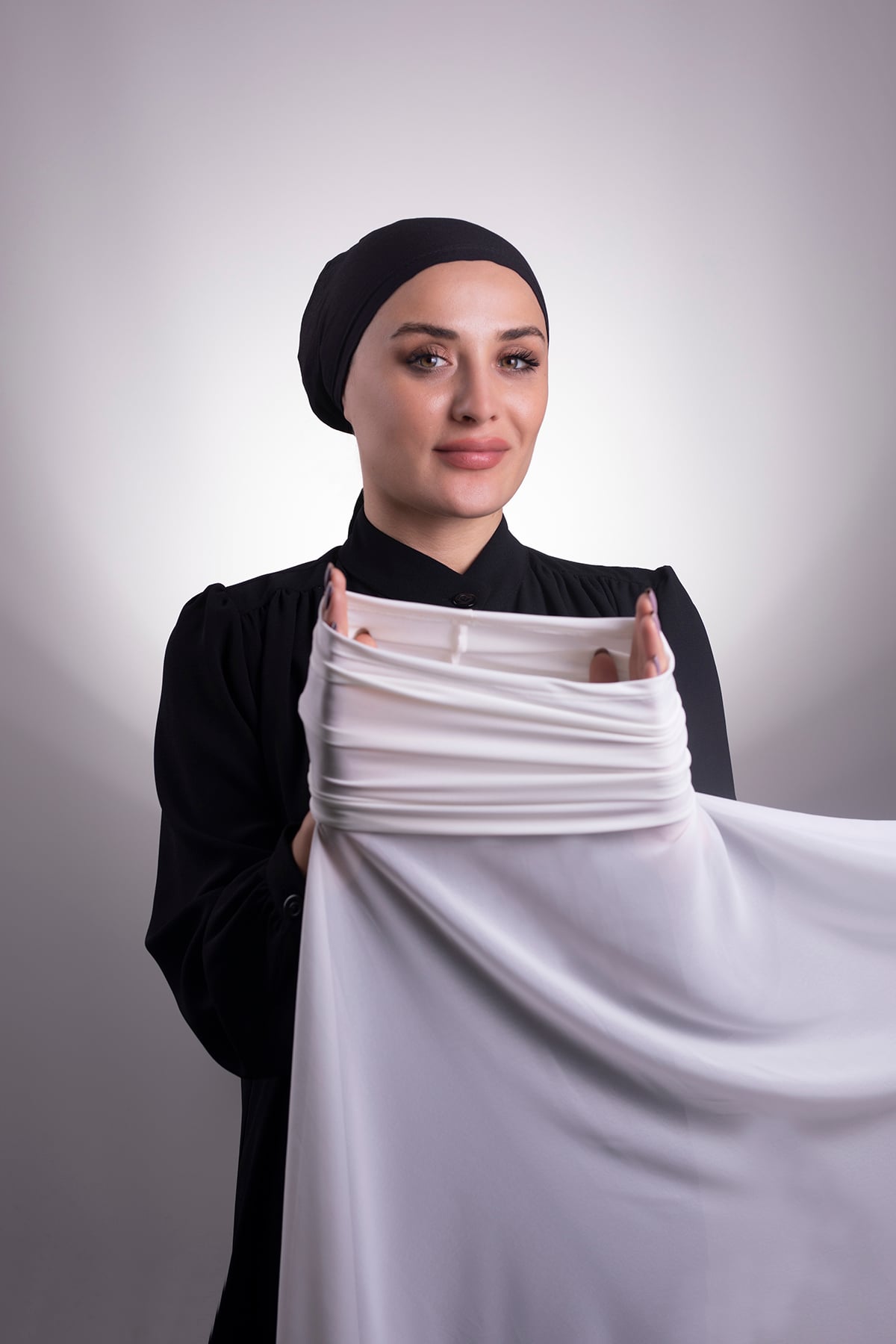 Krem Pratik Hazır Geçmeli Şal Şifon Boru Boneli - Halven 3001