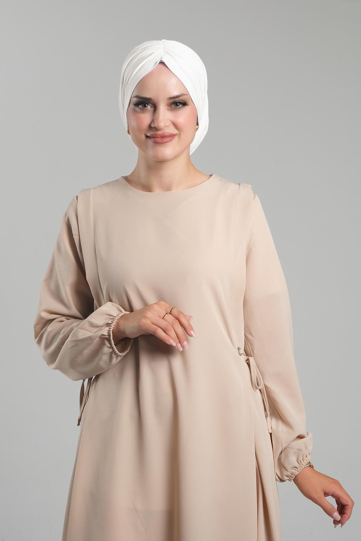 Krem Pratik Hazır Geçmeli Tesettür Bone Sandy Büzgülü Salaş - Hürrem Bone 2119_40