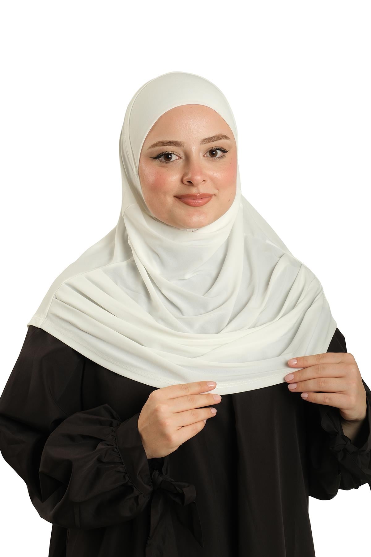 Krem Pratik Hazır Geçmeli Tesettür Eşarp Sandy Kumaş Kendinden Boneli - Hürrem Bone 1290_40