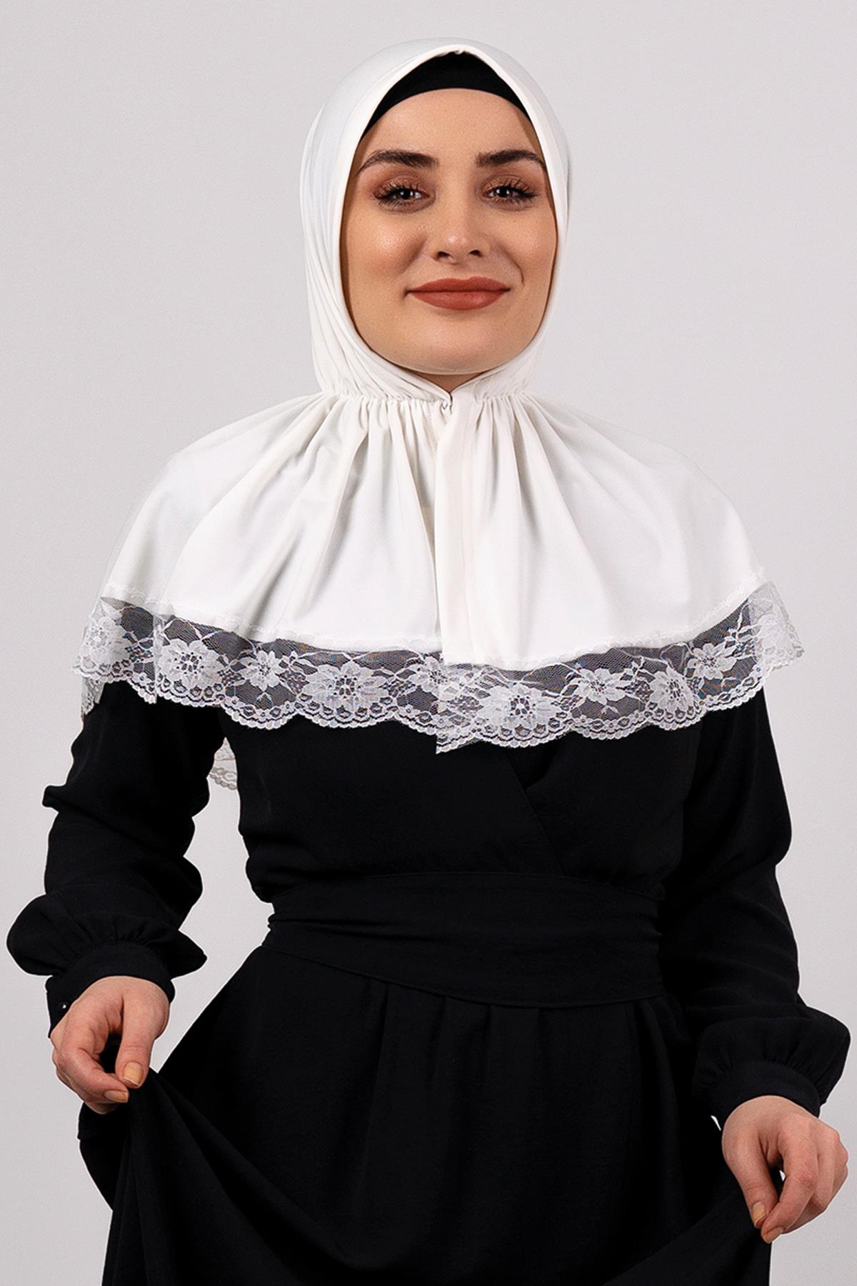 Krem Pratik Hazır Geçmeli Tesettür Eşarp Viskon Kumaş Çıtçıtlı Dantelli - Hürrem Bone 2105_40