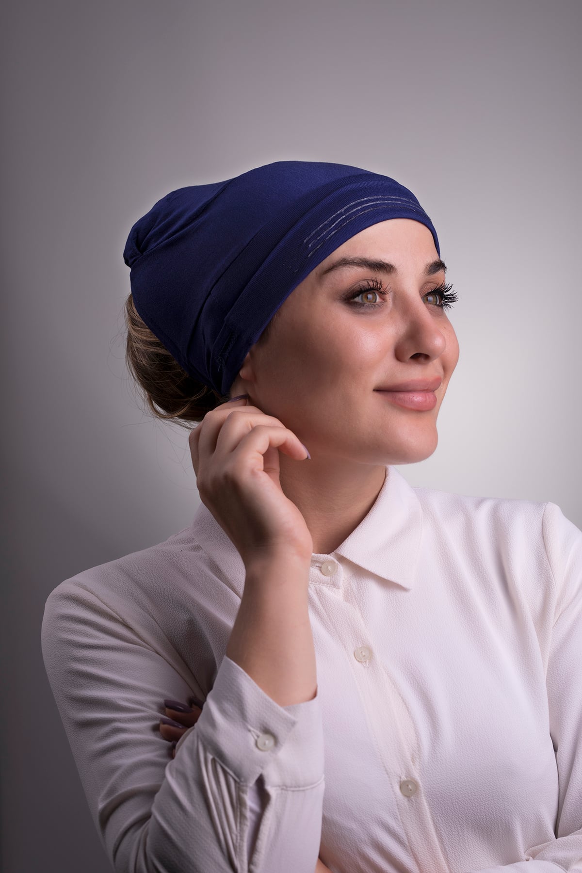 Lacivert Arkadan Bağlamalı İç Bone Viskon Kumaş Kaymaz Silikonlu - Halven 3002