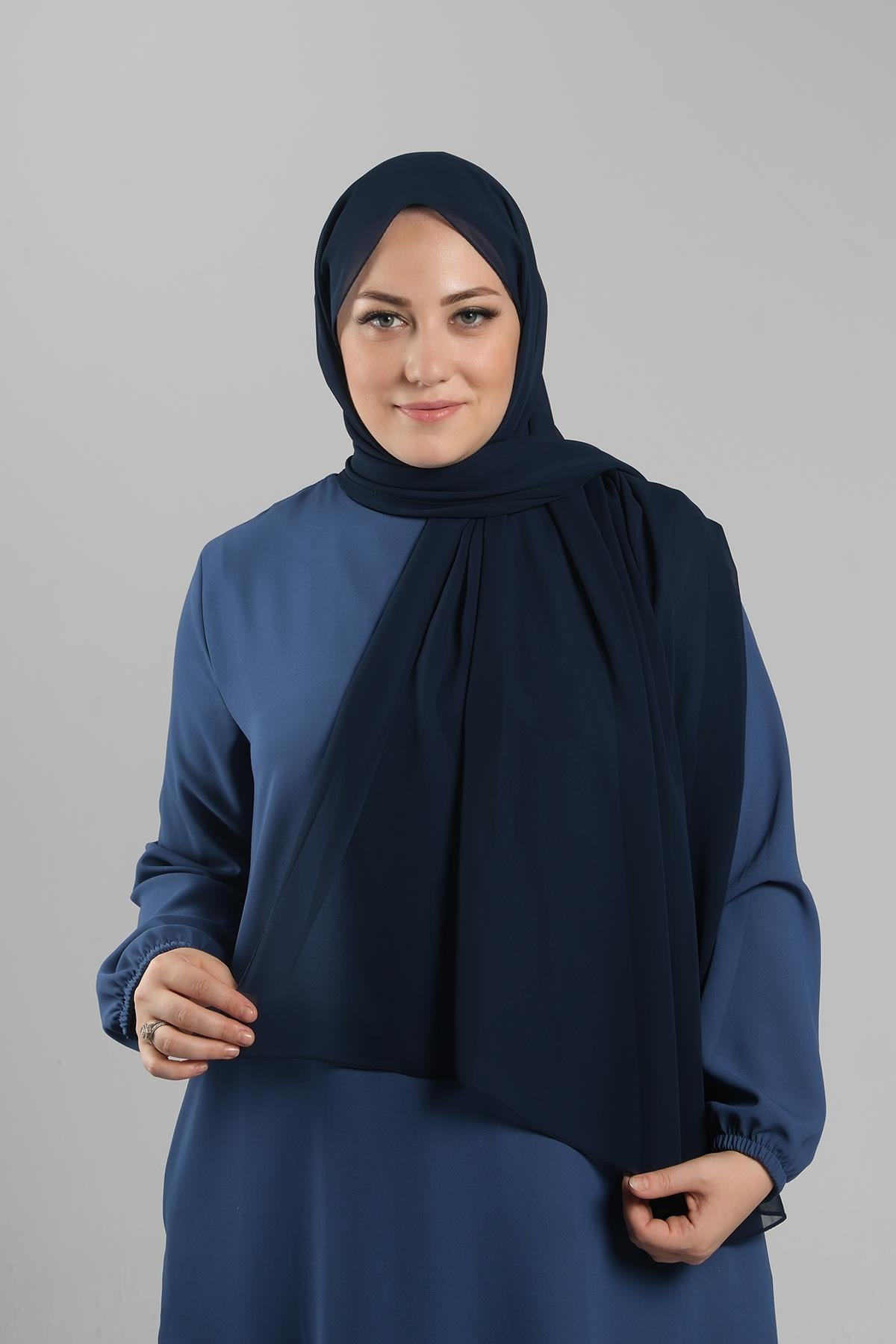 Lacivert Düz Klasik Şal Şifon Dikişli - Hürrem Bone 202112_02