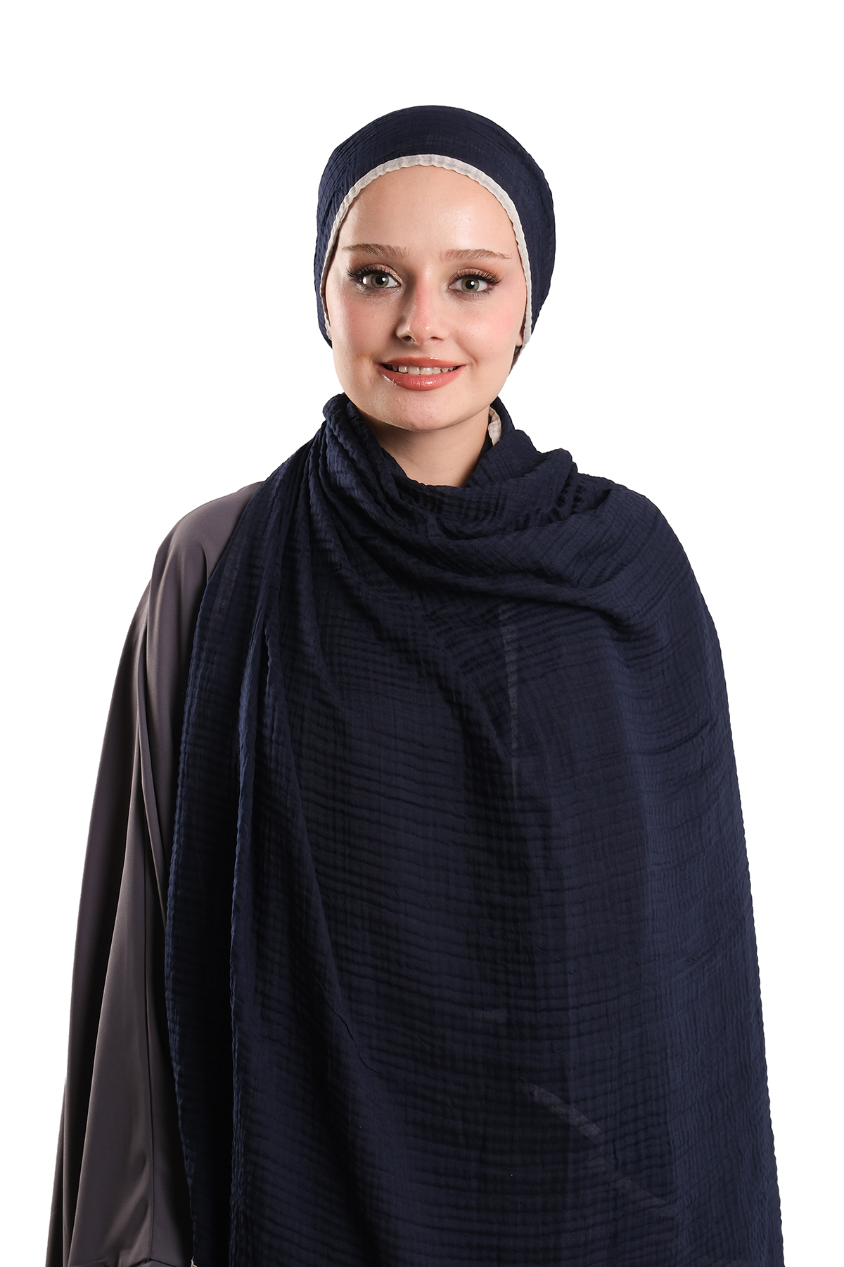 Lacivert Müslin Şal Biyeli Nefes Alan Pamuksu Dokulu Krinkıl - Hürrem Bone 202139_02