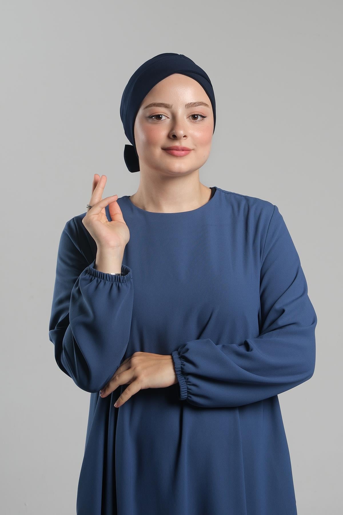 Lacivert Pratik Hazır Geçmeli Fiyonklu Bone Sandy Çift Taraflı Çapraz - Hürrem Bone 3007B_02