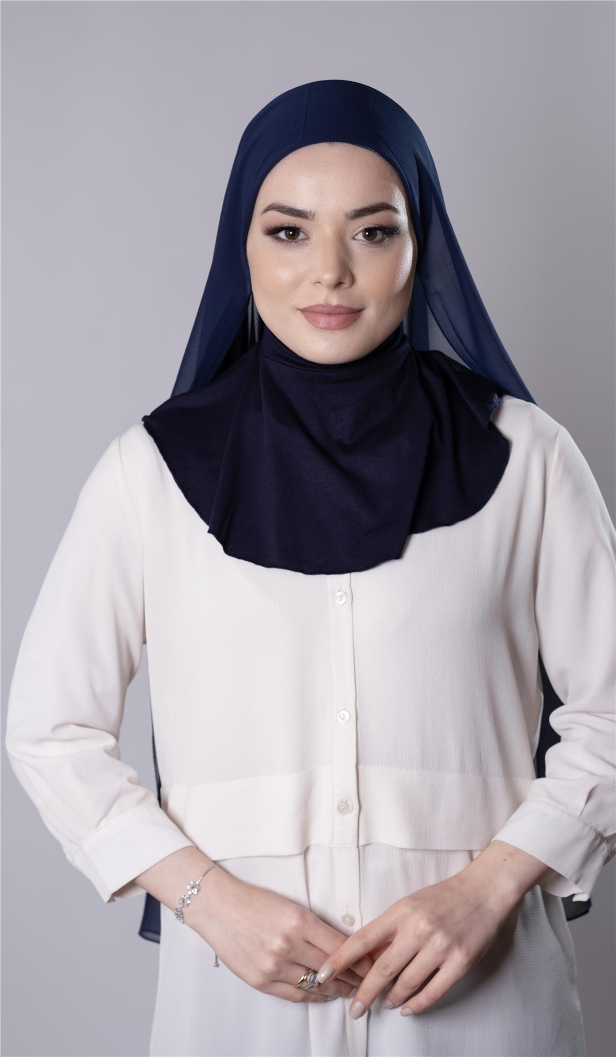 Lacivert Pratik Hazır Geçmeli Şal Şifon Kumaş Hijab Bone - Hürrem Bone 3009_02